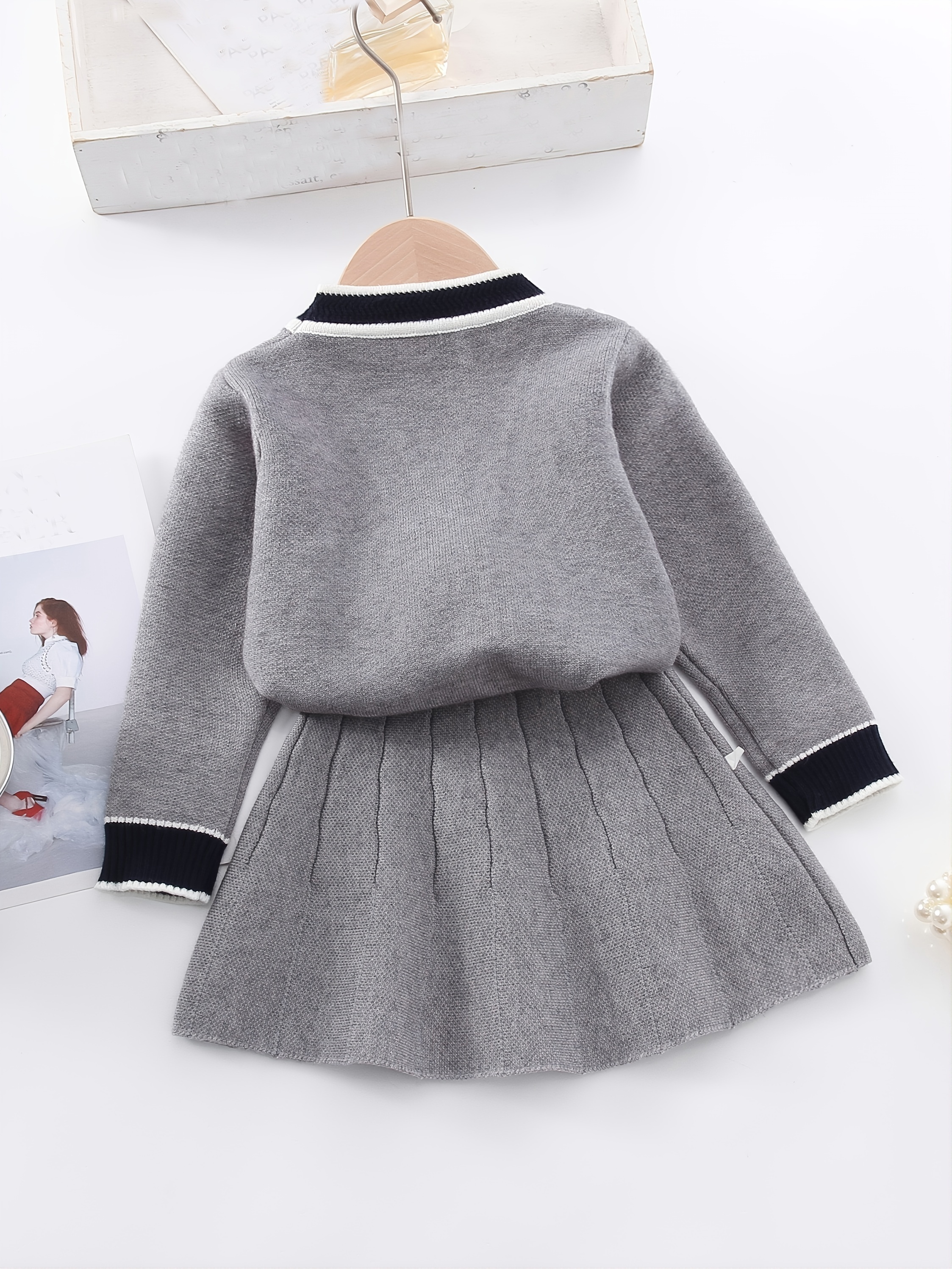 Girl's Preppy Style Cable Knit Cardigan Skirt Set Button - Temu Canada