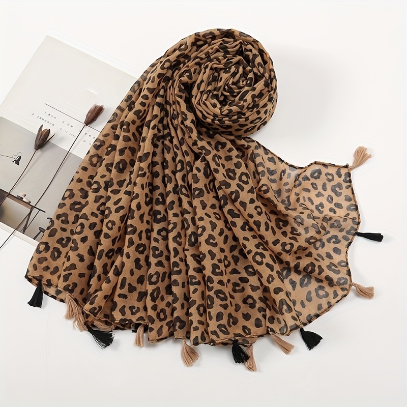 

Classic Brown Leopard Print Scarf Boho Tassel Shawl Breathable Windproof Head Wrap Travel Beach Towel For Women
