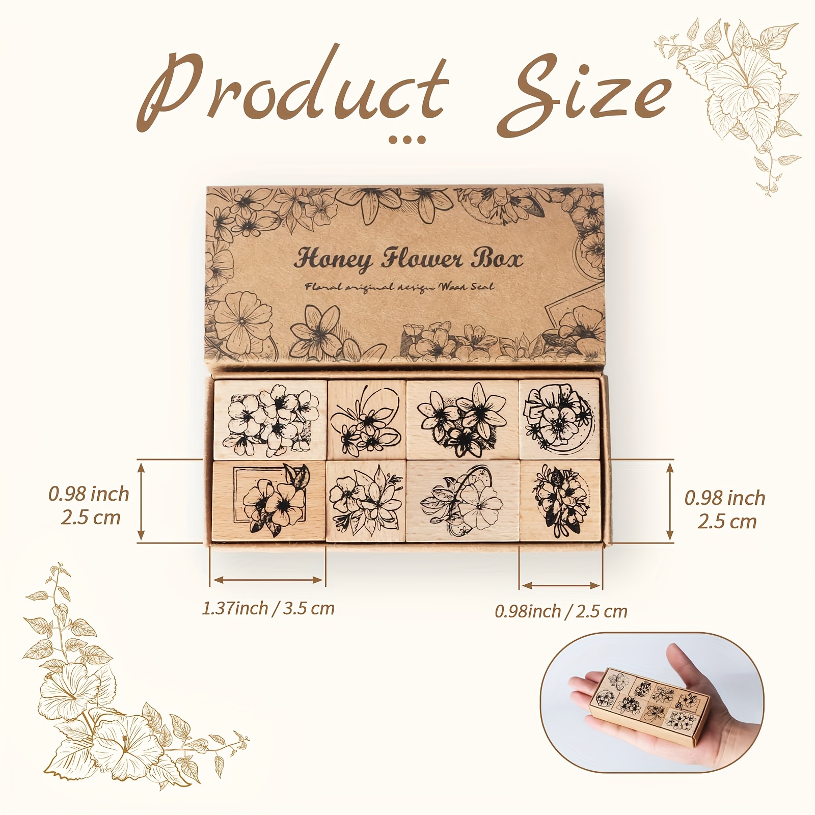 RISYPISY Wood Rubber Stamp Set, 10pcs Decorative Mounted Rubber Stamps with Plant Flower Printed & 12 Sheets Border Style Card for Card Making, DIY
