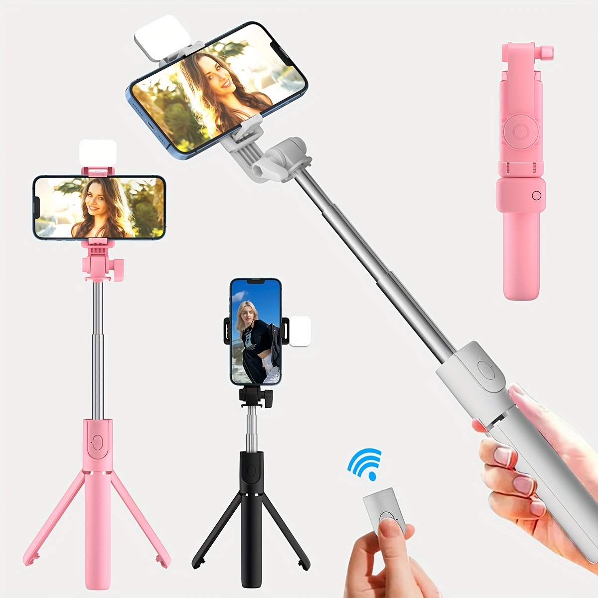 Perche à Selfie trépied avec lumière de Remplissage, poignée d'équilibre,  Support de téléphone Bluetooth en Aluminium, 1,54 m, Compatible avec