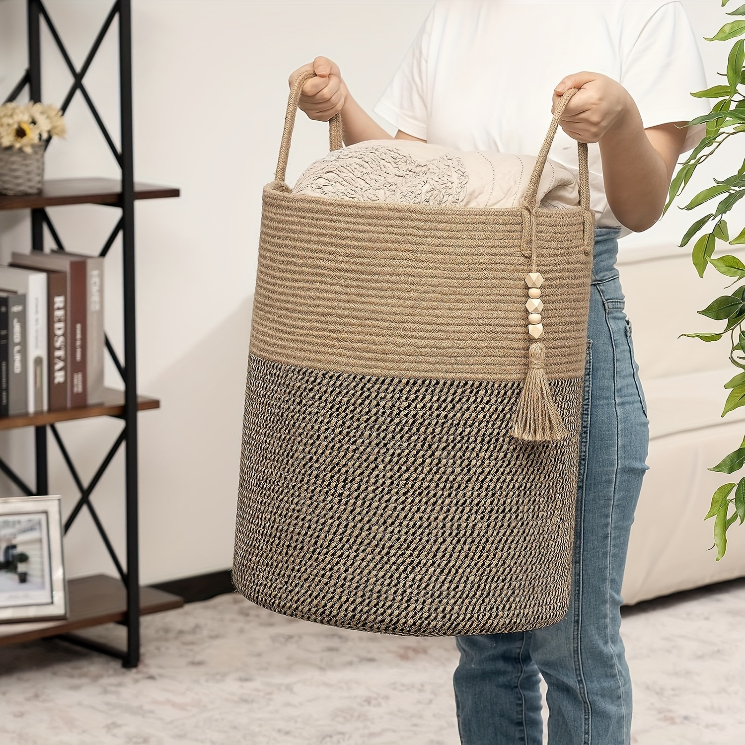 Tall Laundry Basket Woven Storage Basket With Handle Blanket - Temu