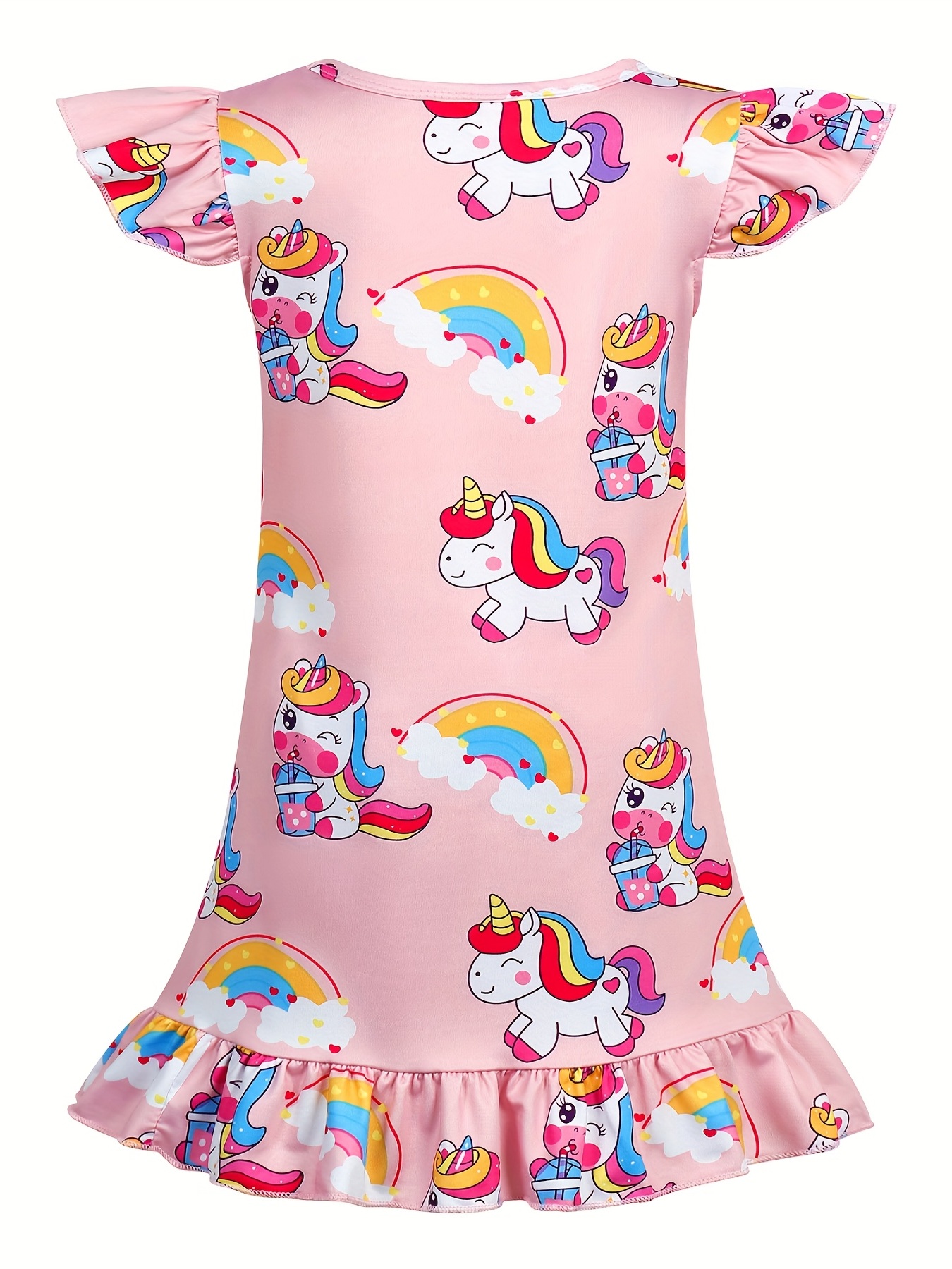 girls unicorn print nightdress kids short sleeve ruffle hem nightgowns sleepwear pajama dresses kids summer clothes details 1