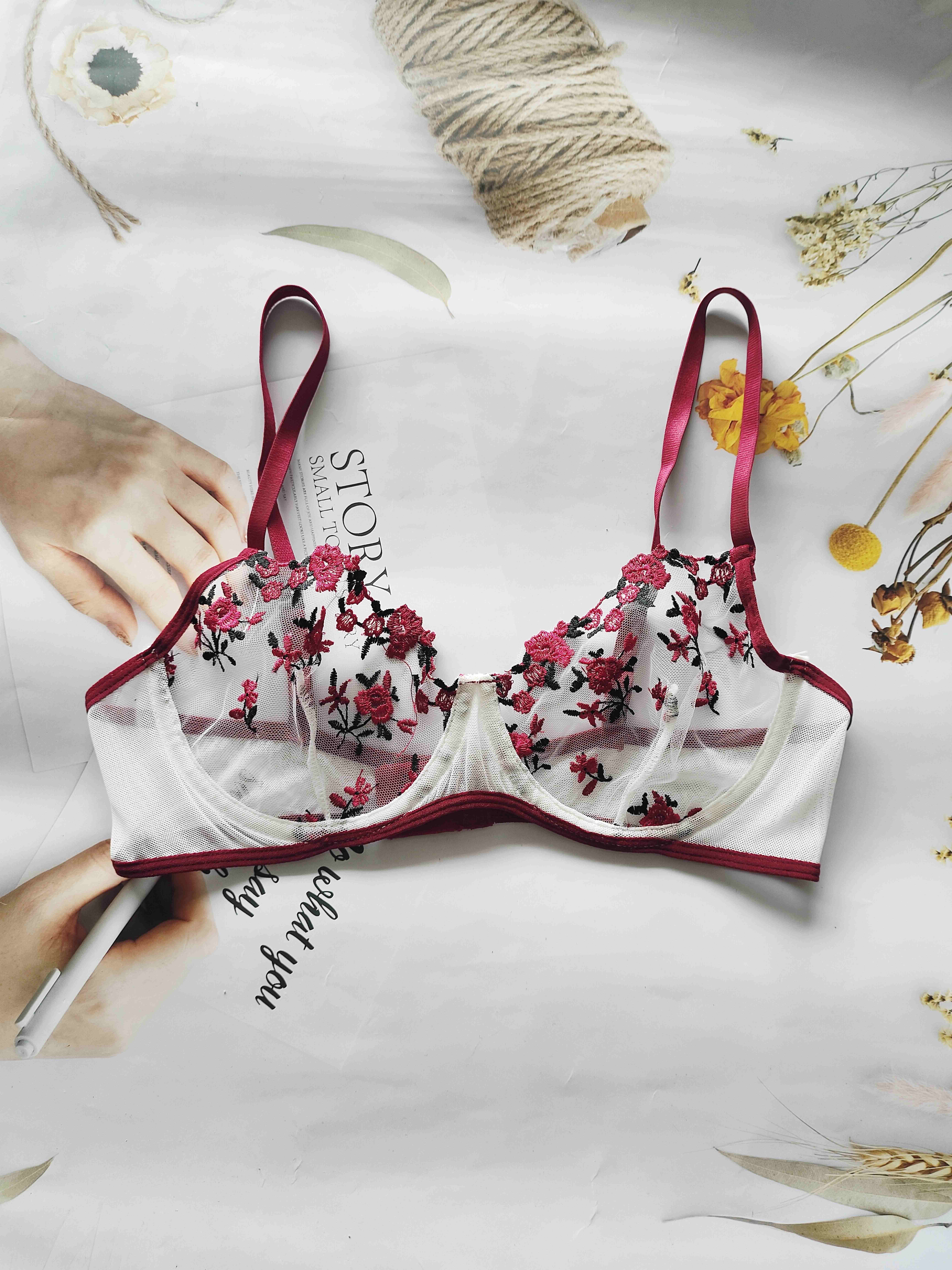 Floral Embroidery Lingerie Set, Mesh Unlined Bra & Panties, Women's *  Lingerie & Underwear