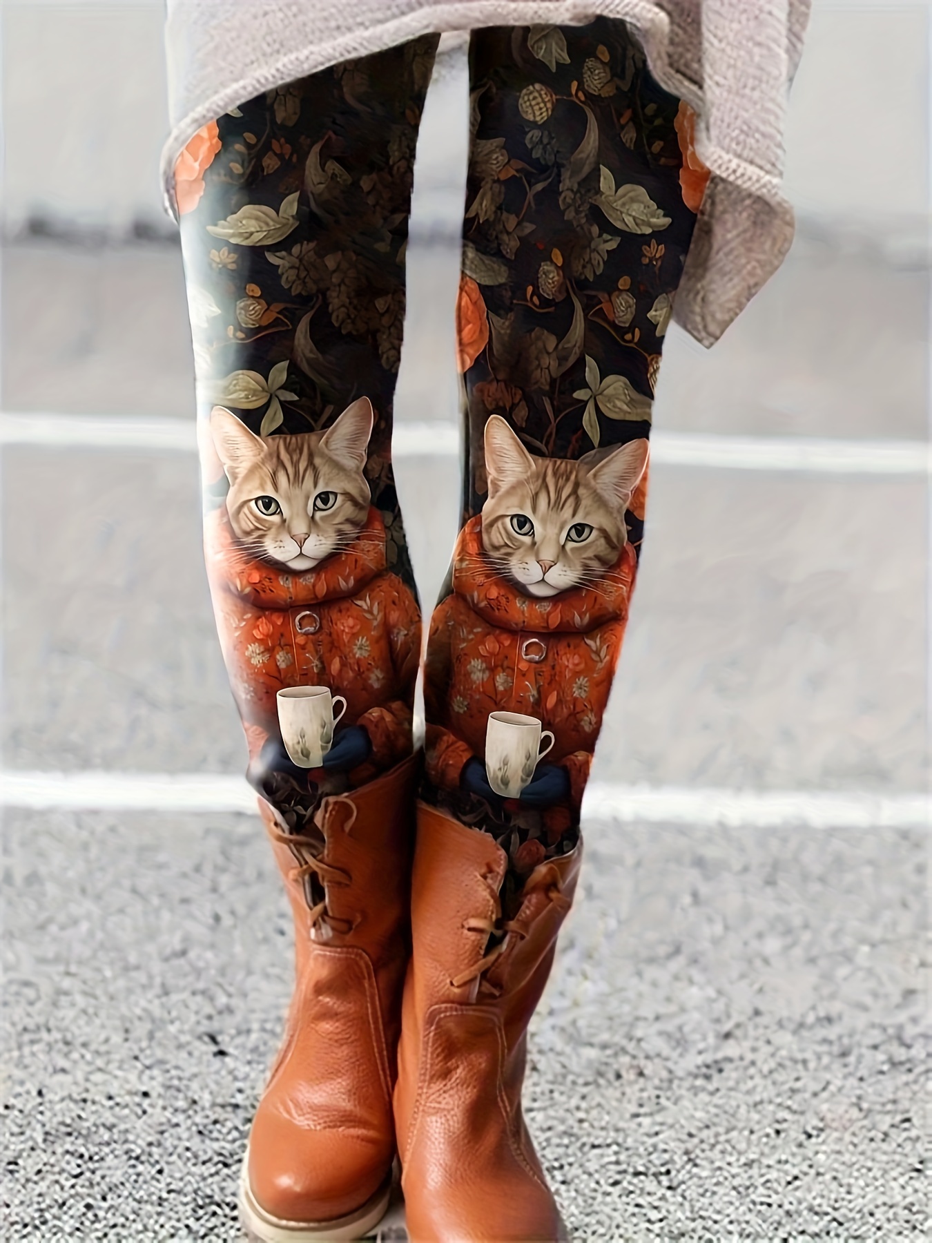 Cure Cat & Floral Print Skinny Leggings, Casual Elastic Waist