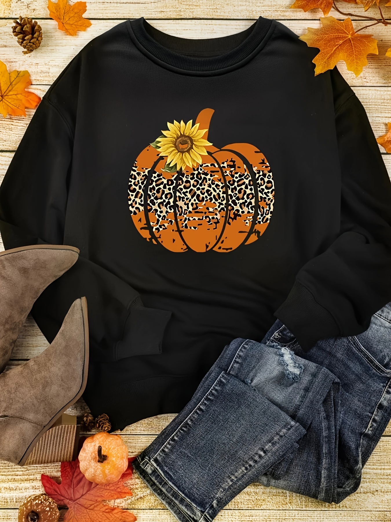 pumpkin sunflower print sweatshirt casual long sleeve crew neck sweatshirt womens clothing details 2