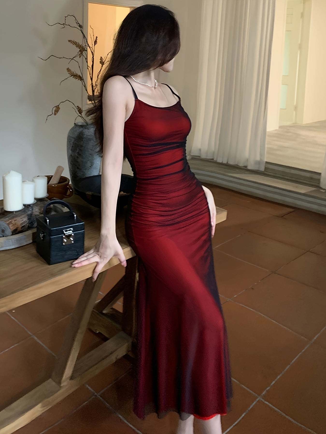 Mesh Overlay Spaghetti Strap Dress, Glamour Sleeveless Trumpet Midi Dress, Women&#39;s Clothing