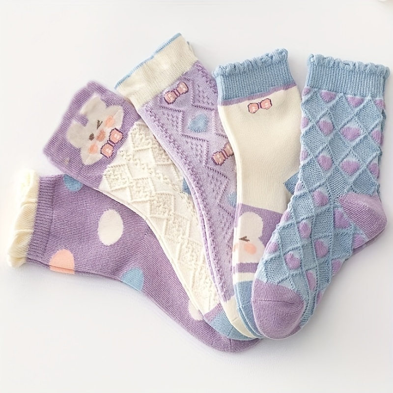 5 Pairs Girl's Polka Dot Rabbit Cute Pattern Socks, Breathable Comfy Crew Socks, Children's Trendy Summer Spring Socks