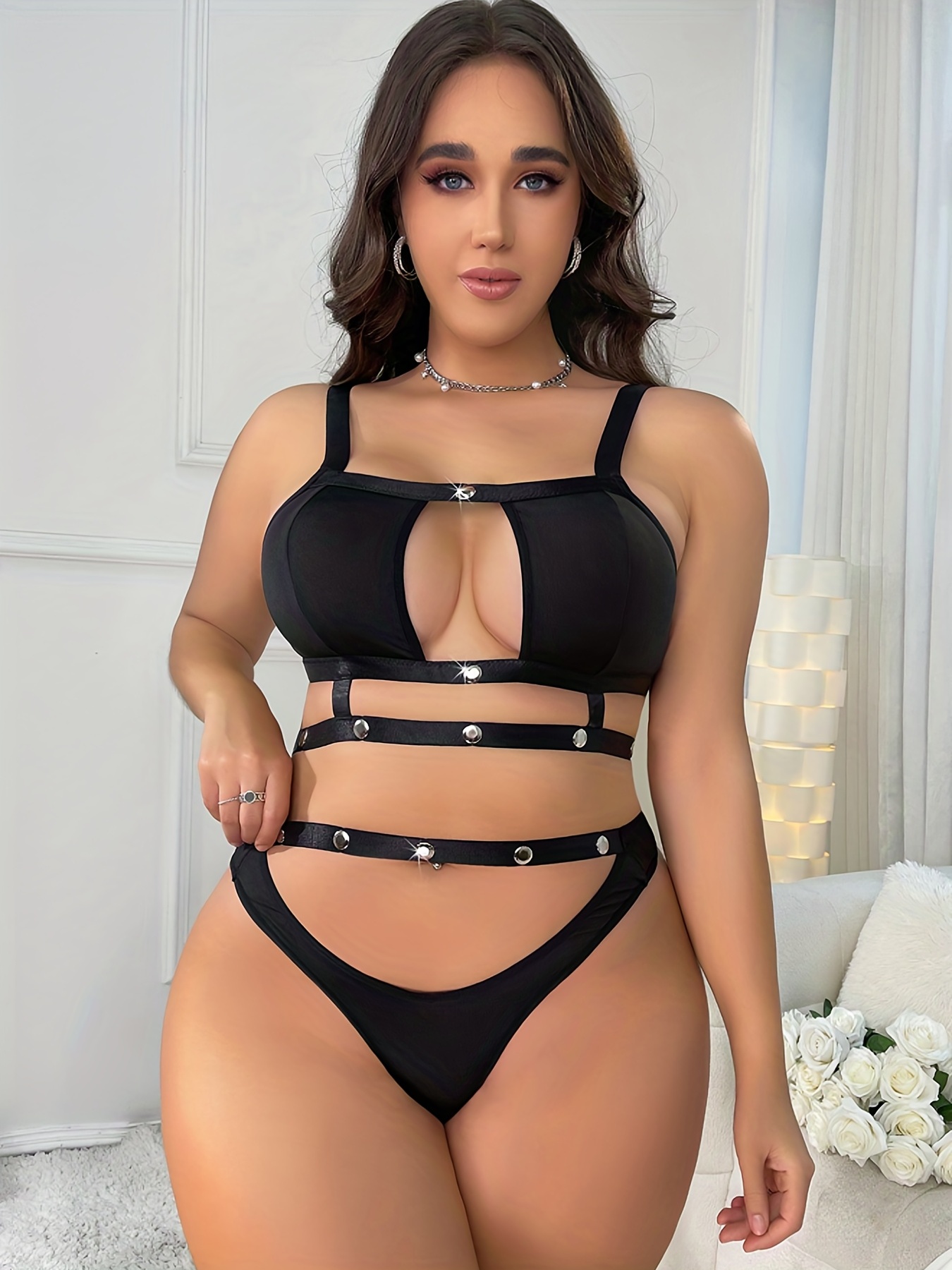 Plus Size Sexy Lingerie Set, Women's Plus Button Decor Cut Out Bra
