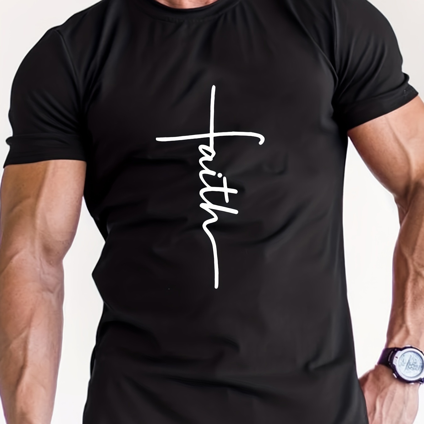

Stylish Letter Faith Cross Pattern Print Men's T-shirt, Graphic Tee Men's Summer Clothes, Men's Outfits
