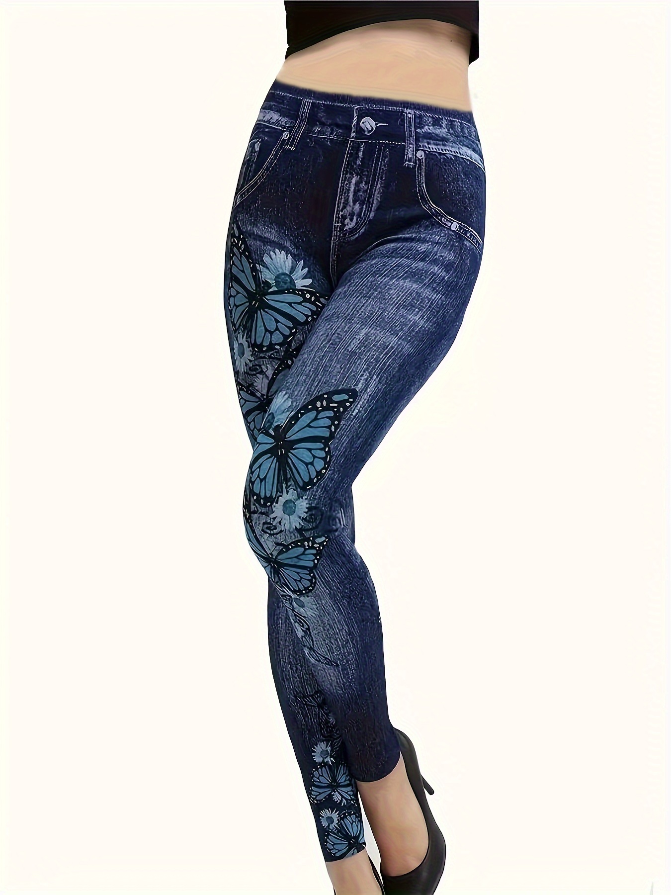 Butterfly Print Skinny Leggings Casual High Waist Stretchy - Temu