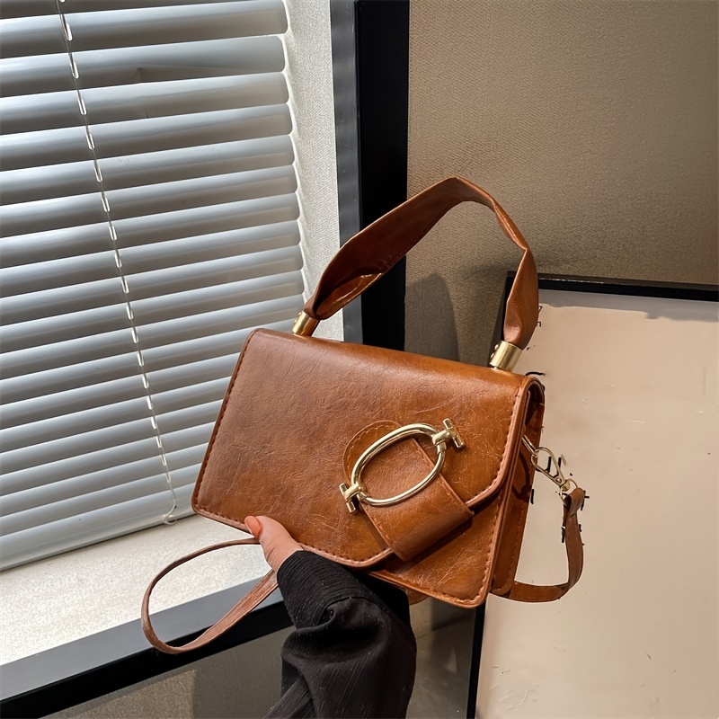 Metal Decor Flap Square Bag Sweet Top Handle Purse Women s Faux Leather Shoulder Bag