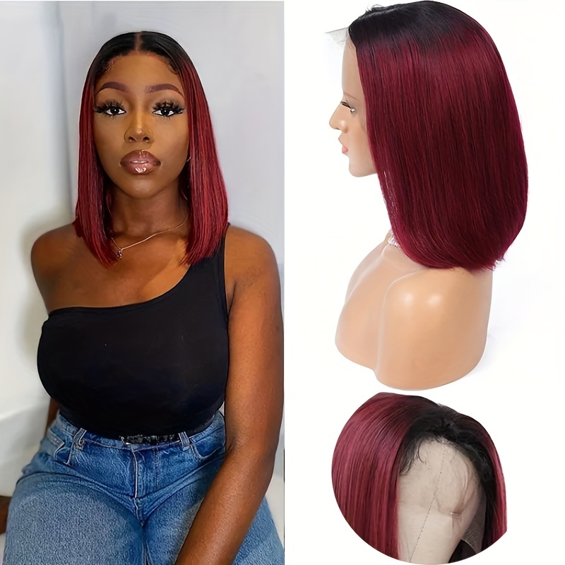 180% Density Black Ombre Burgundy Straight Human Hair Wigs 13*4