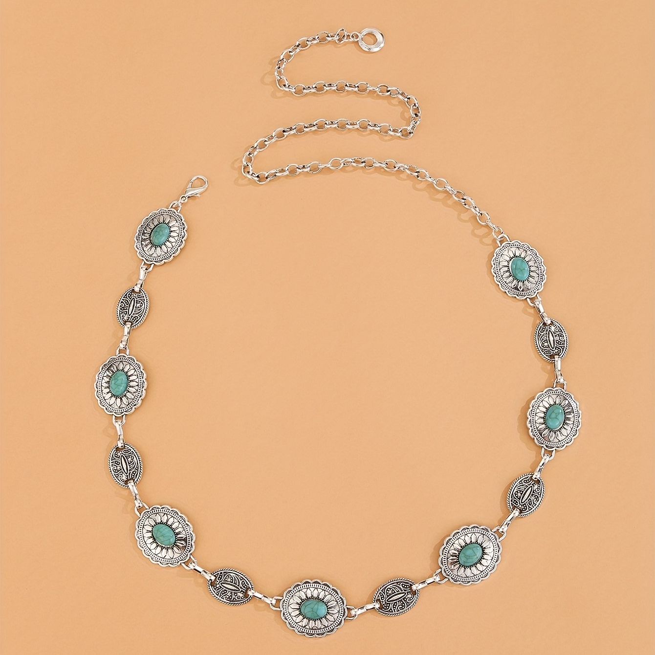 Turquoise Embossed Waist Chain Vintage Metal Chain Belt