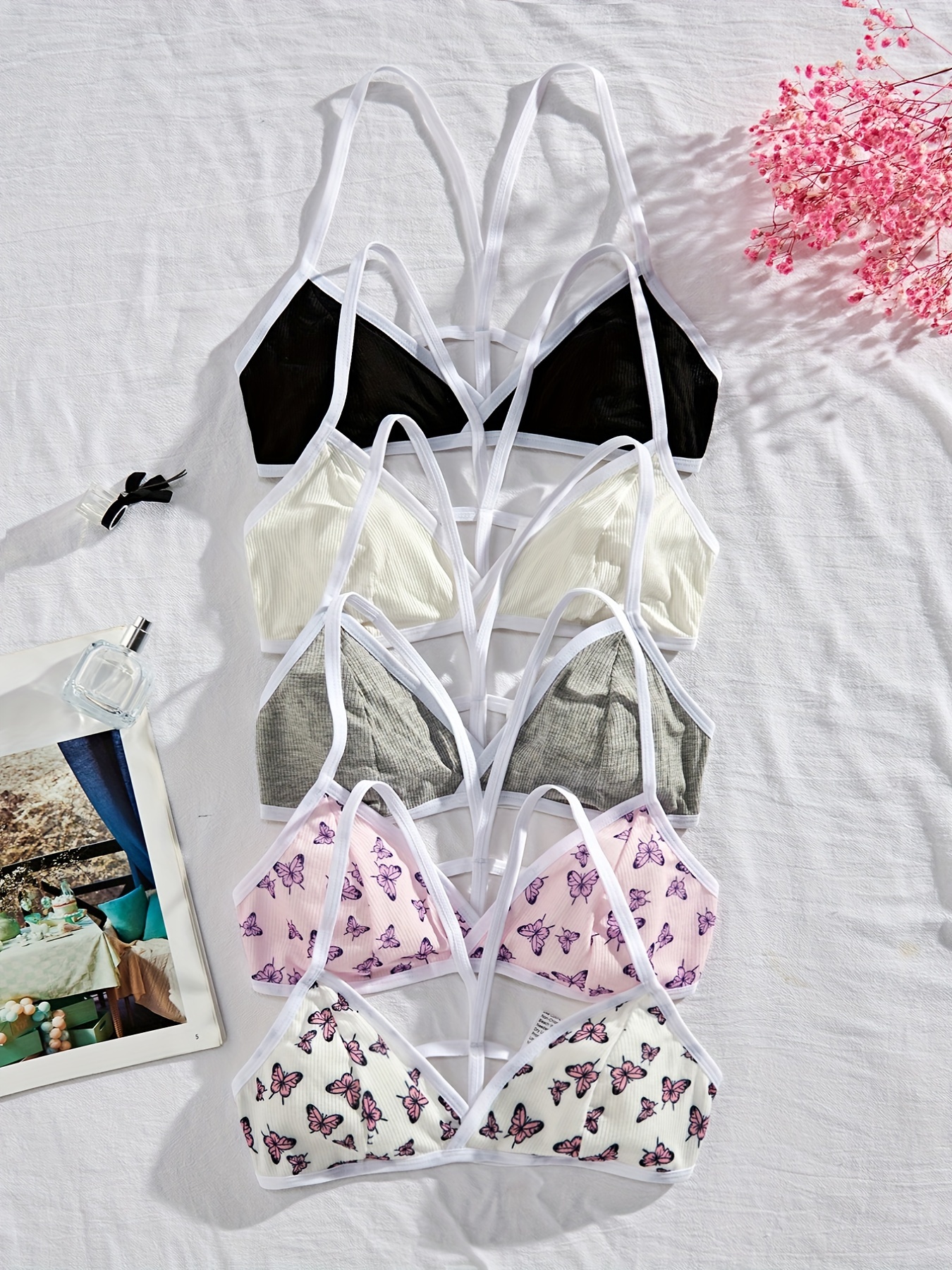 Cute Cherry Print Lettuce Trim Bra, Comfy & Breathable Bow Knot Bra,  Women's Lingerie & Underwear