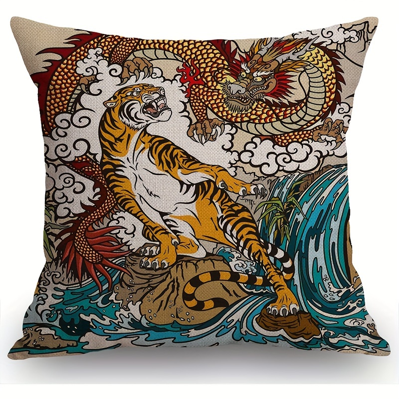 

1pc, Chinese Dragon And Tiger Polyester Cushion Cover, Pillow Cover, Room Decor, Bedroom Decor, Sofa Decor, Collectible Buildings Accessories (cushion Is Not Included)