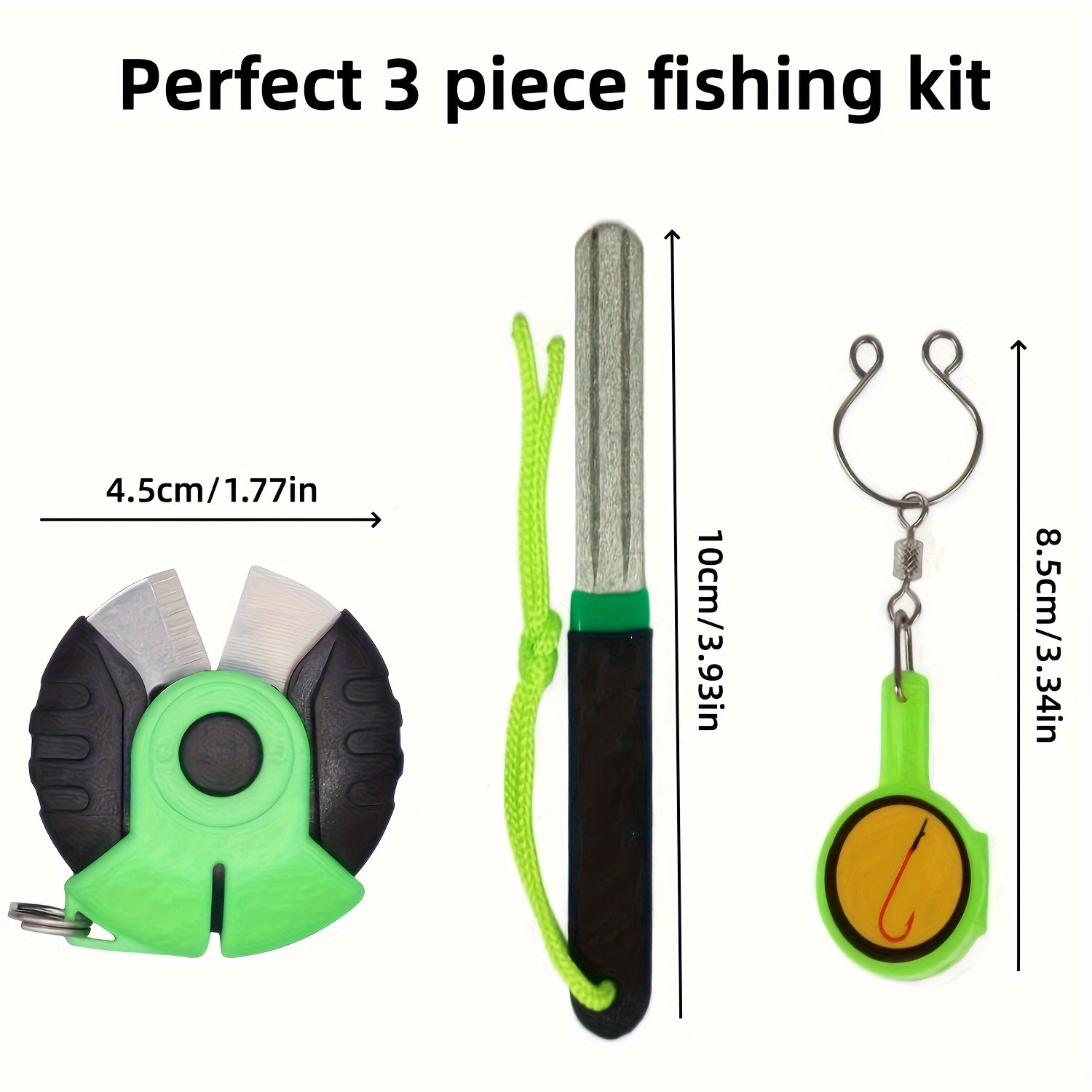 3-piece Green Fishing Set - Fish Hook Sharpening Tool, Fishing Knot Tool,  And Fishing Line Cutter. The Perfect Fishing Gear Combination For Fly Fishin