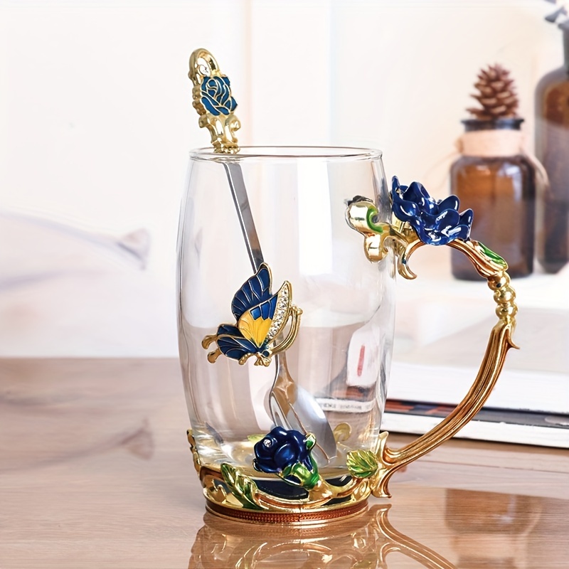 Elegant Flower Pattern Tea Cup With Coaster And Spoon, Clear Glass