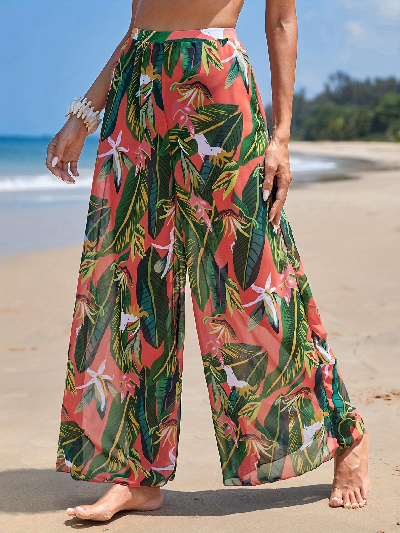Pantalones sueltos con estampado de hojas de flores tropicales, cintura  alta y pierna ancha, elegantes y semitransparentes, pantalones de playa  para m