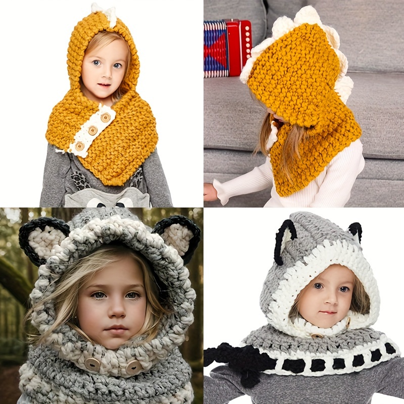 1pc Coarse Thread Grey Fox Hat Hand-woven Fox Children's Dinosaur Hat, Black Cat Neck Cap Bib 2-5 Years Old, Ideal choice for Gifts