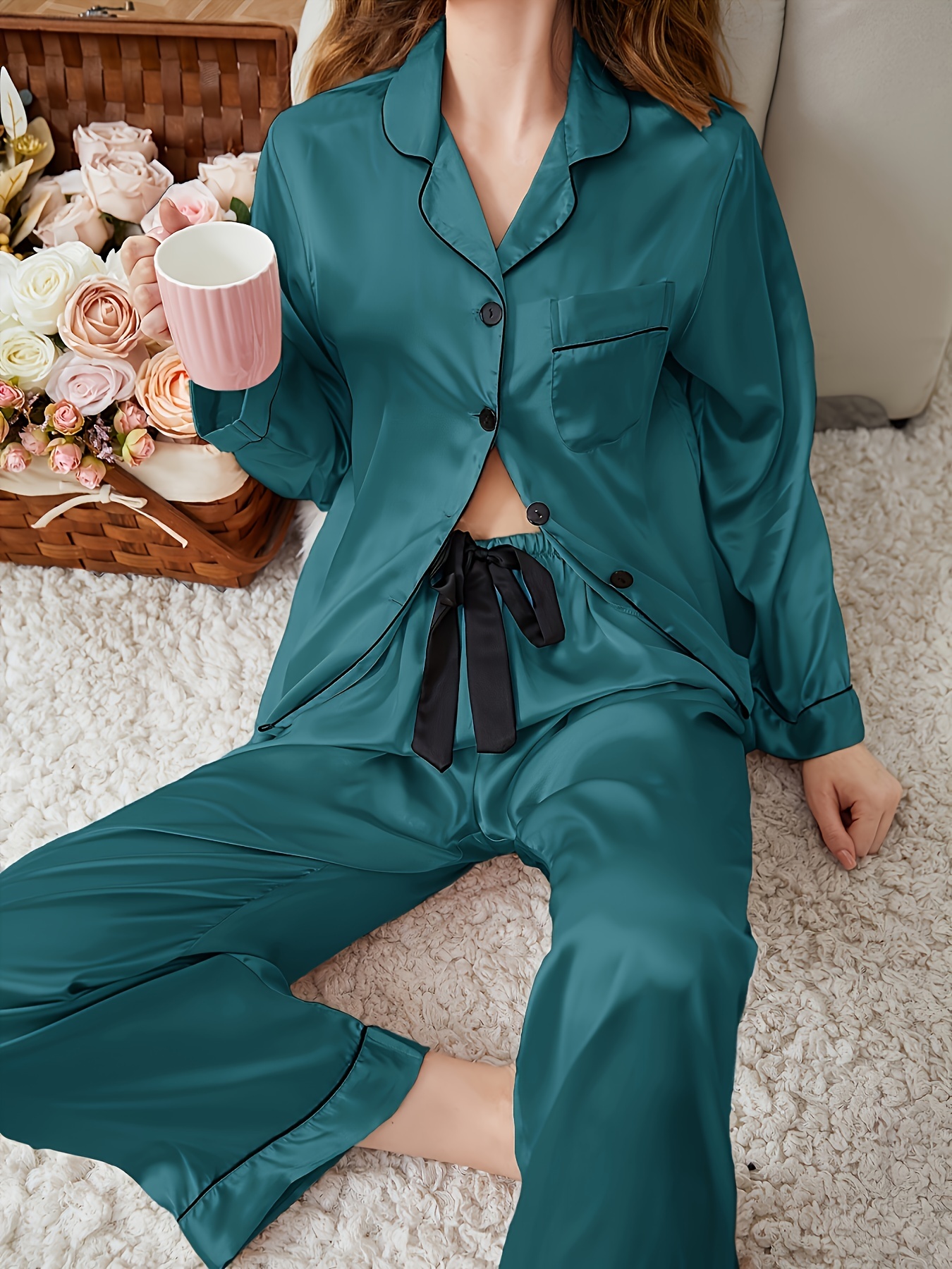 Heart Pocket Ruffle Sleeves Silk Pajamas Women Cute Women Pajamas