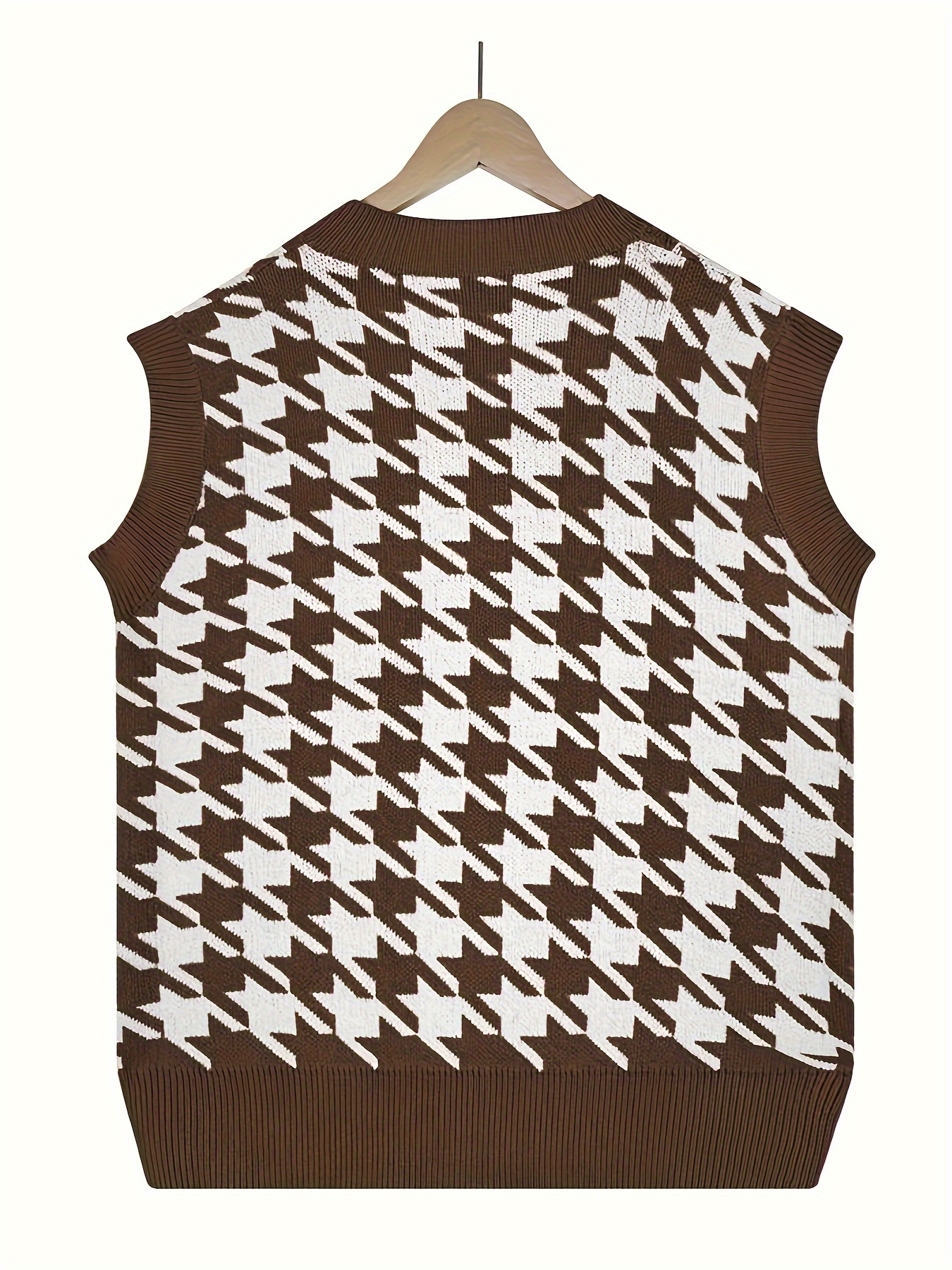 Houndstooth V Neck Knitted Vest, Vintage Sleeveless Loose Sweater, Women's  Clothing
