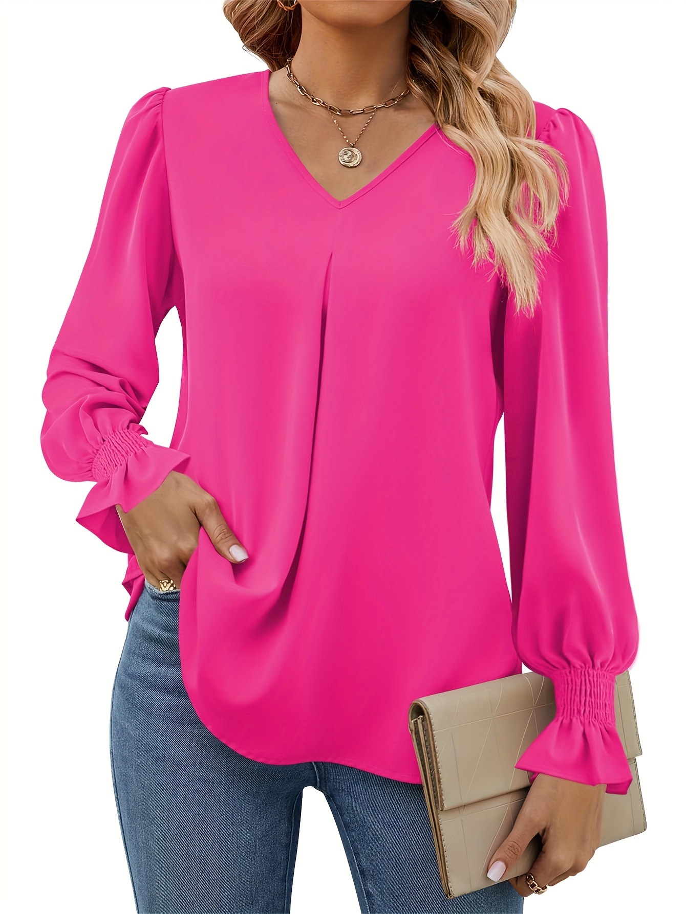 Long-sleeve dress shirt with V-neck and loose chiffon top