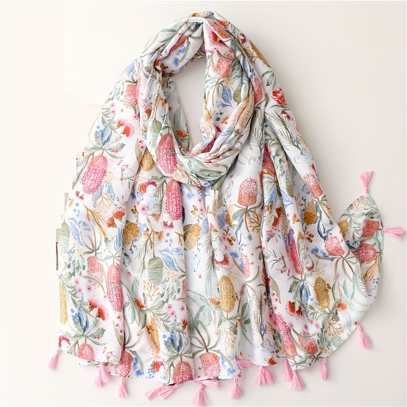 

Boho Elegant Floral Printed Scarf Thin Breathable Tassel Shawl Stylish Windproof Sunscreen Cotton Linen Scarf For Women