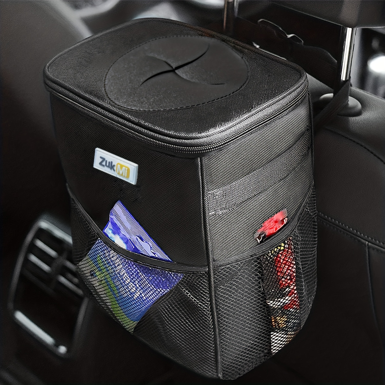 Car Trash Can With Lid And Storage Pockets, 100% Leak-Proof Car Organizer,  Waterproof Garbage Can, Multipurpose Trash Bin For Car