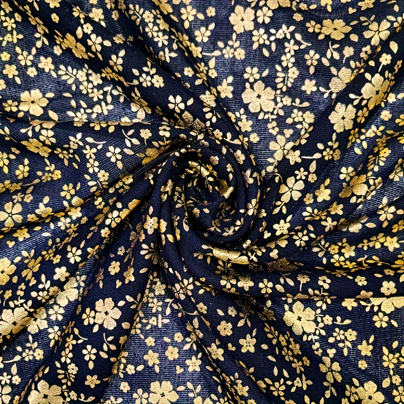 Navy Blue Gold Abstract Floral Silky Scarf Shawl