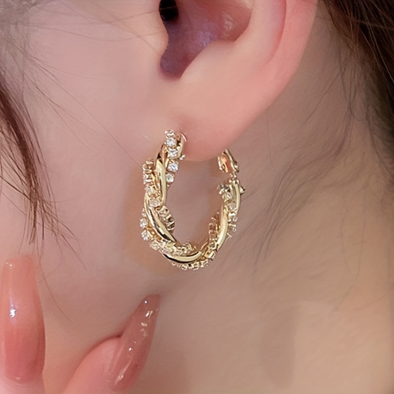 Women's 18K Plated Golden Twist Hoop Earrings with Zircon Decor