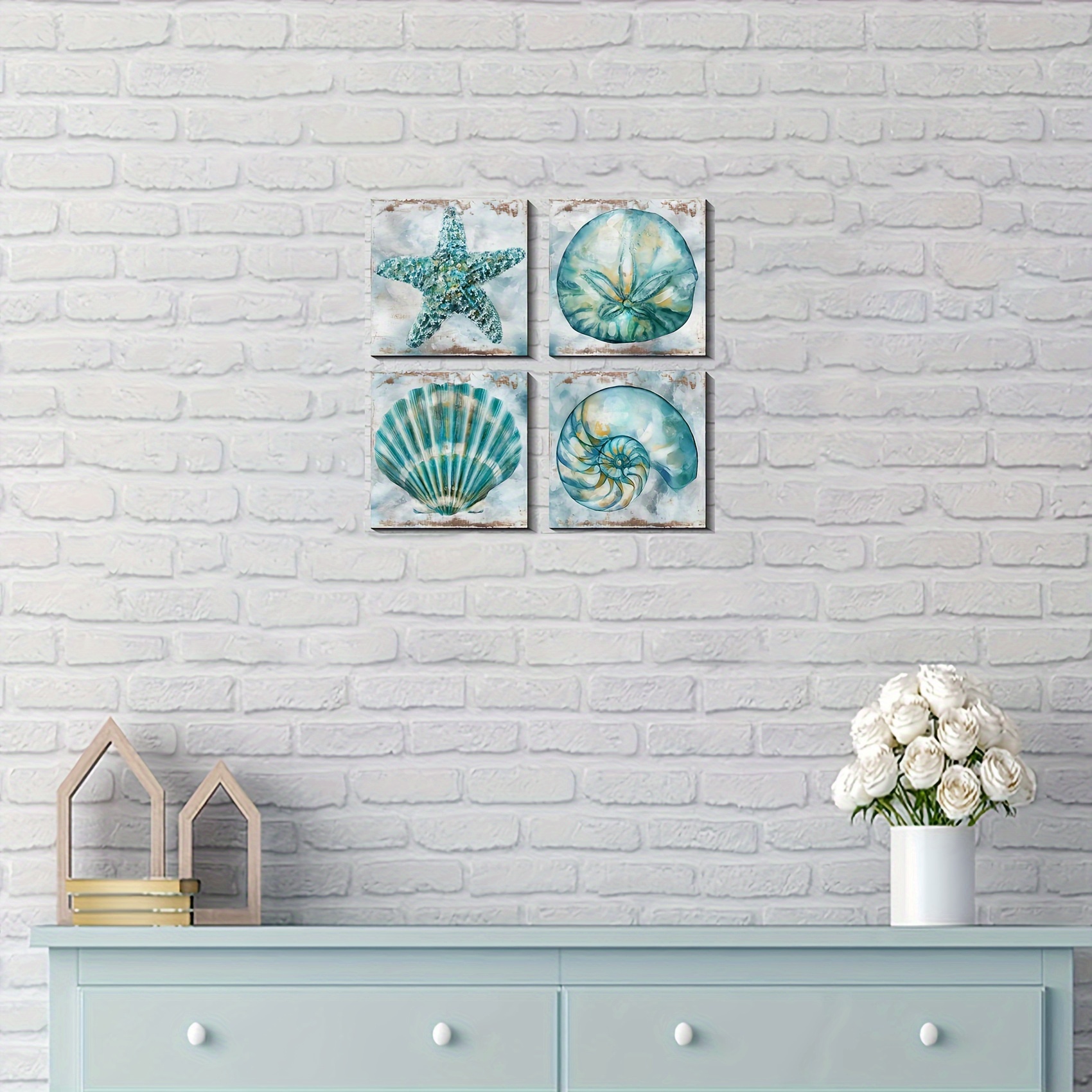 Coastal Wall Decor Beach Seashell Wall Art for Bathroom Ocean Decor Rustic  Teal Blue Conch Shell Artwork Nautical Decoration Starfish Canvas Pictures