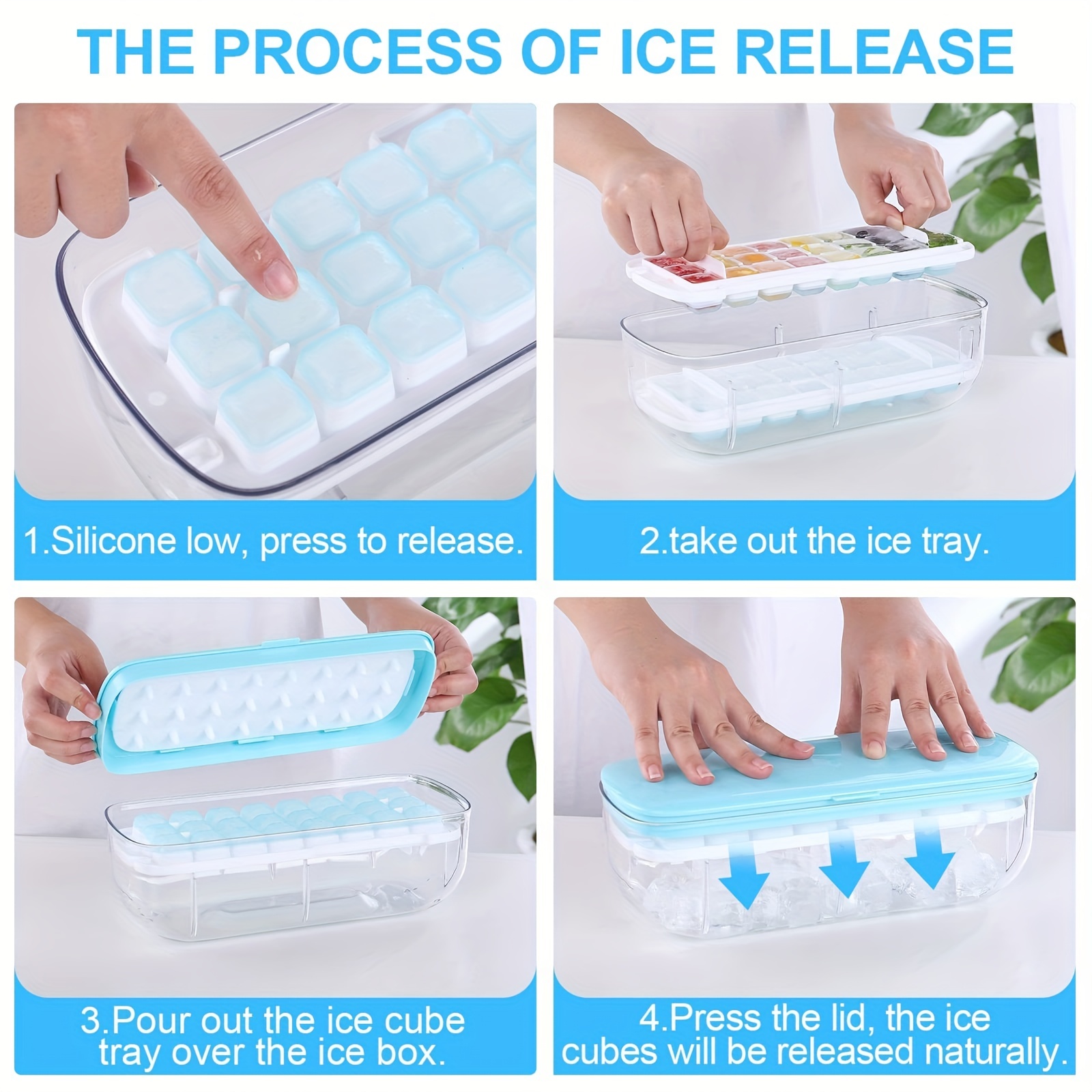 Ice Cube Tray with Lid and Bin, Press Type Silicone Ice Cube Tray