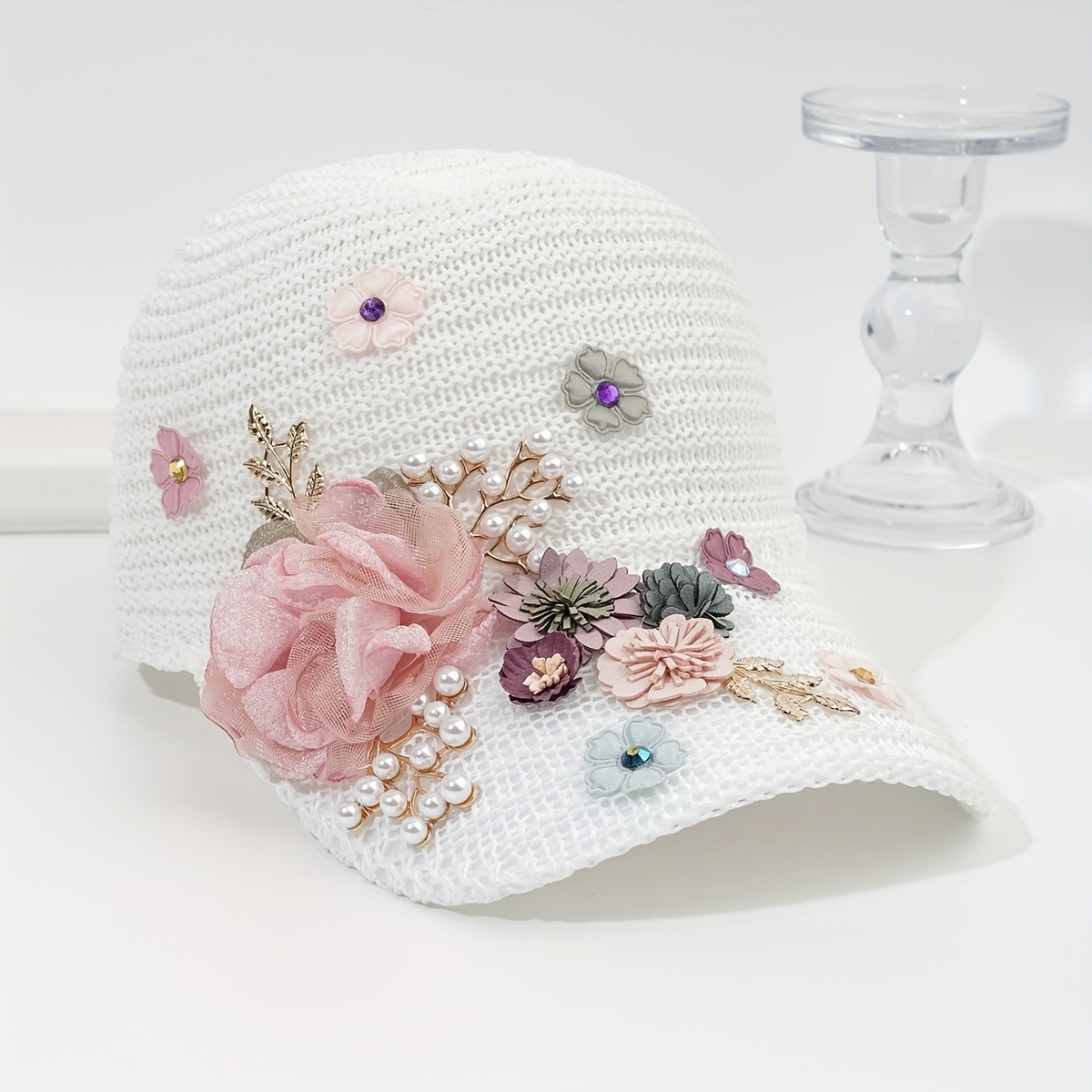 New Spring and Summer Mesh Lace Baseball Caps Pearl Rhinestone Hollow  Peaked Cap Soft Top Sunscreen Women's Hats