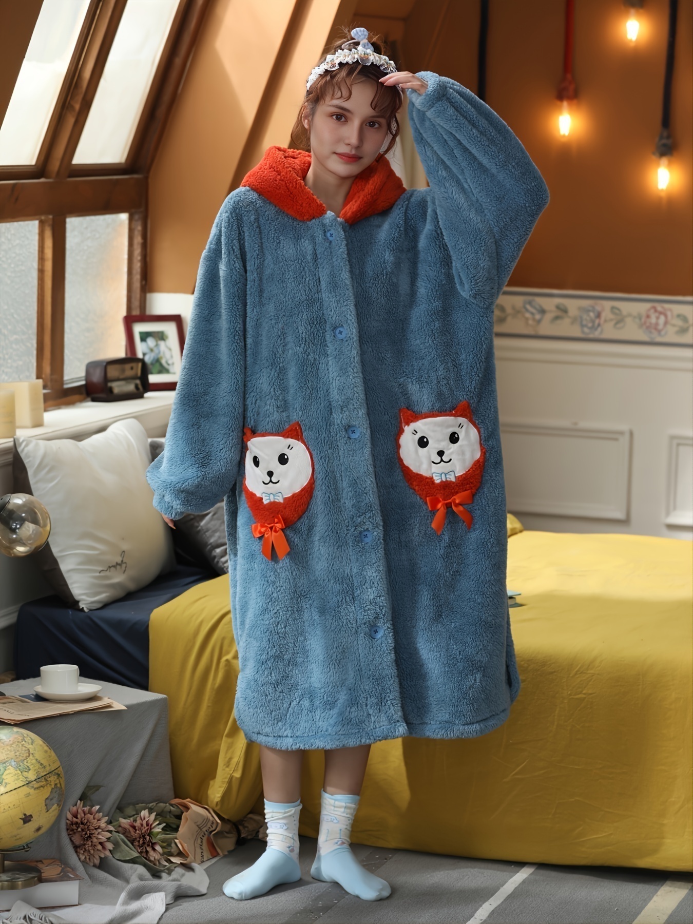 Soft Cute Thick Fuzzy Hoodie Pajamas Set Button Pajama - Temu