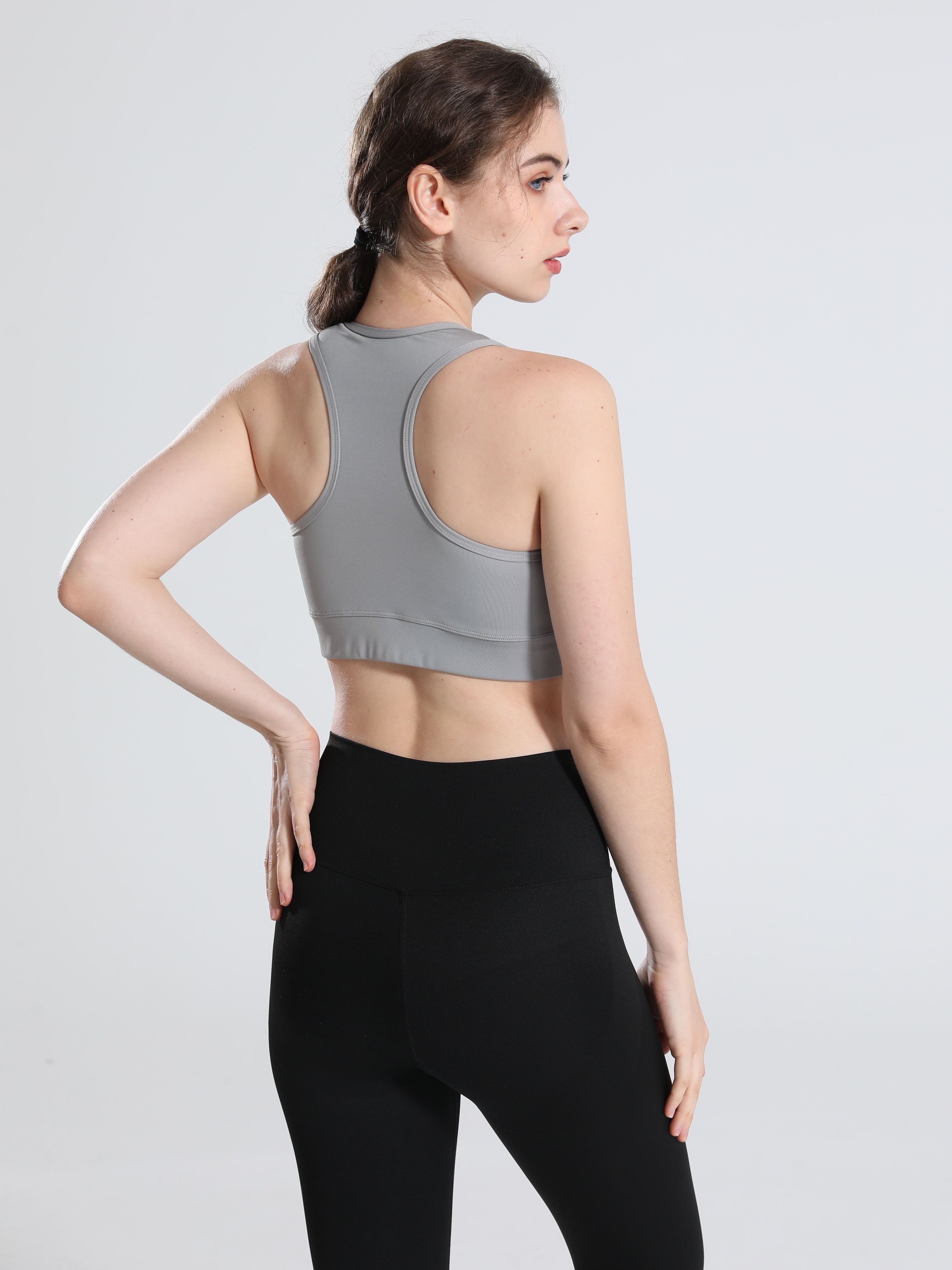 Solid U-neck Sleeveless Sports Bra, Sexy Front Zip-up Cropped Tank Top,  Women's Activewear