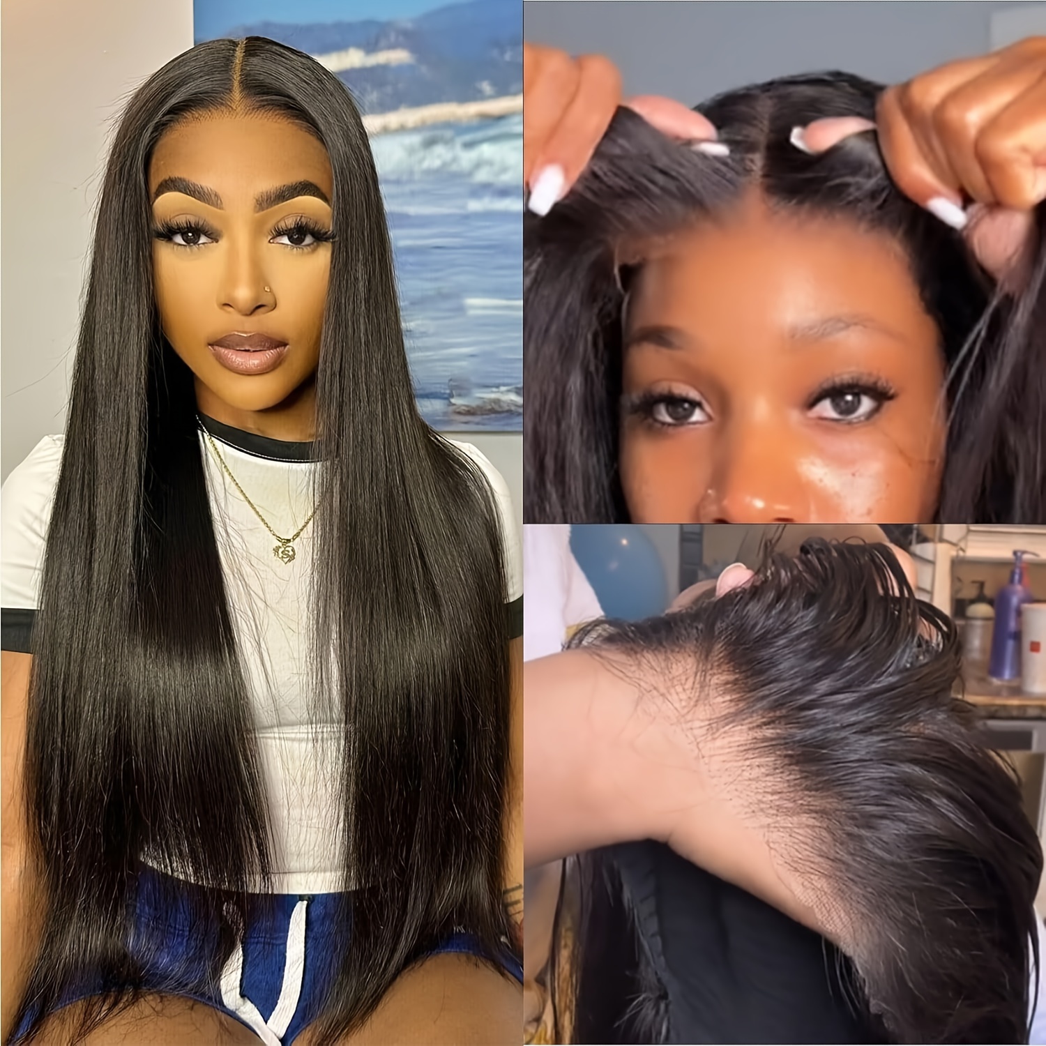 Portez Et Allez Perruques Droites Sans Colle En Cheveux Humains Pour Femmes 4x4 Fermeture Perruques En Cheveux Humains Pré-plumées Perruques Avant En Dentelle Pré-coupées Perruques Droites Courtes Couleur Noire Naturelle 180%