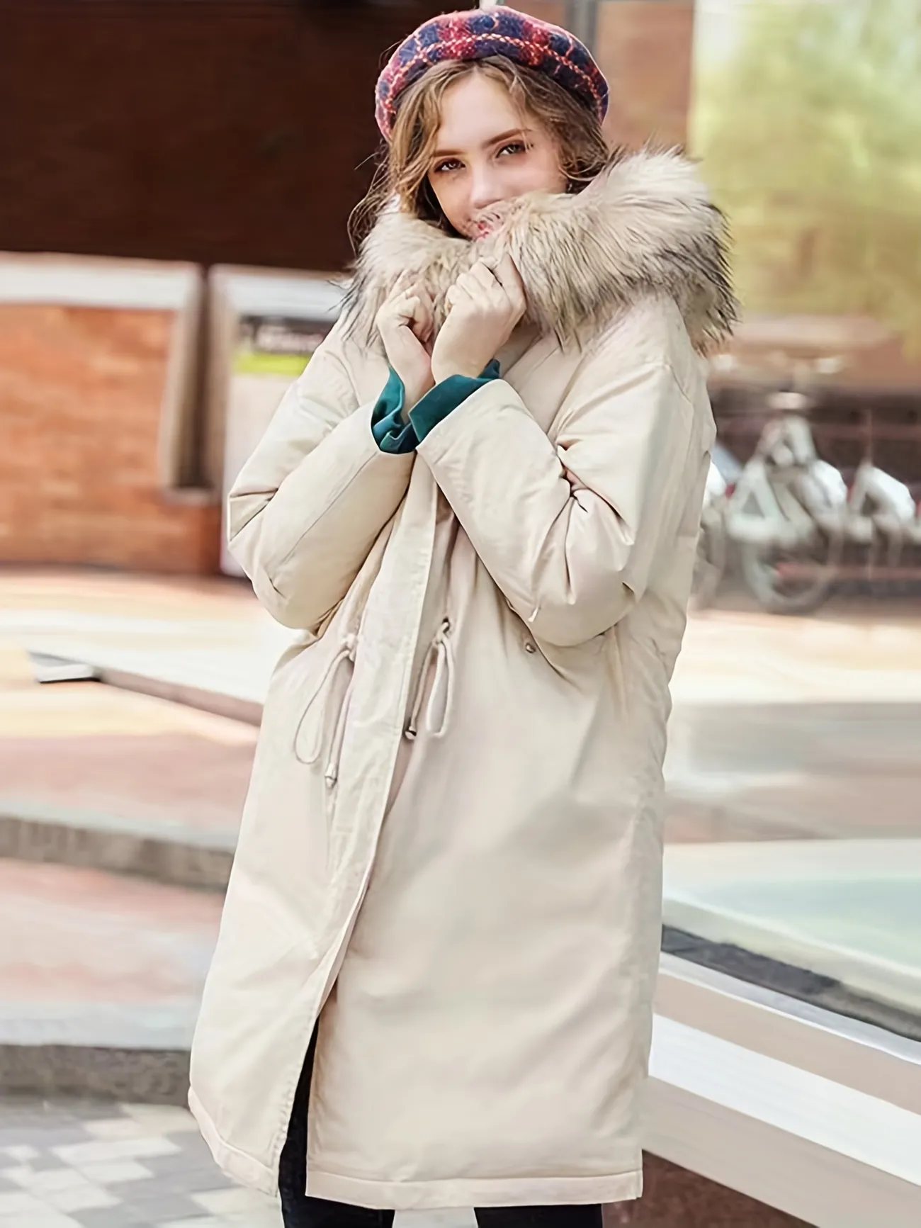 Faux Fur Trim Parka Jacket, Long Sleeve Drawstring Coat For Winter, Women's Clothing Temu