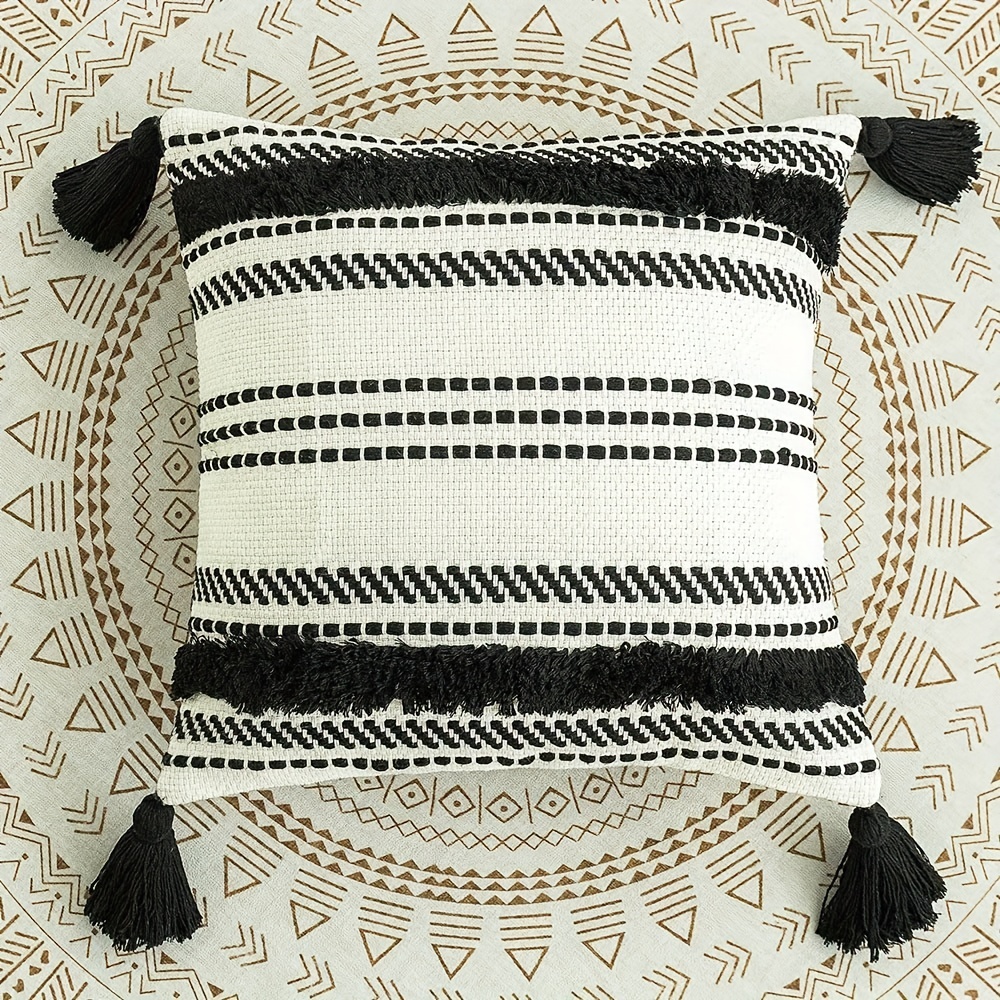 

Boho Chic Tufted Throw Pillow Cover With Tassels - Soft Cotton Woven Square Cushion Case For Sofa, Bedroom, Office Decor - 18x18 Inches, Black & White