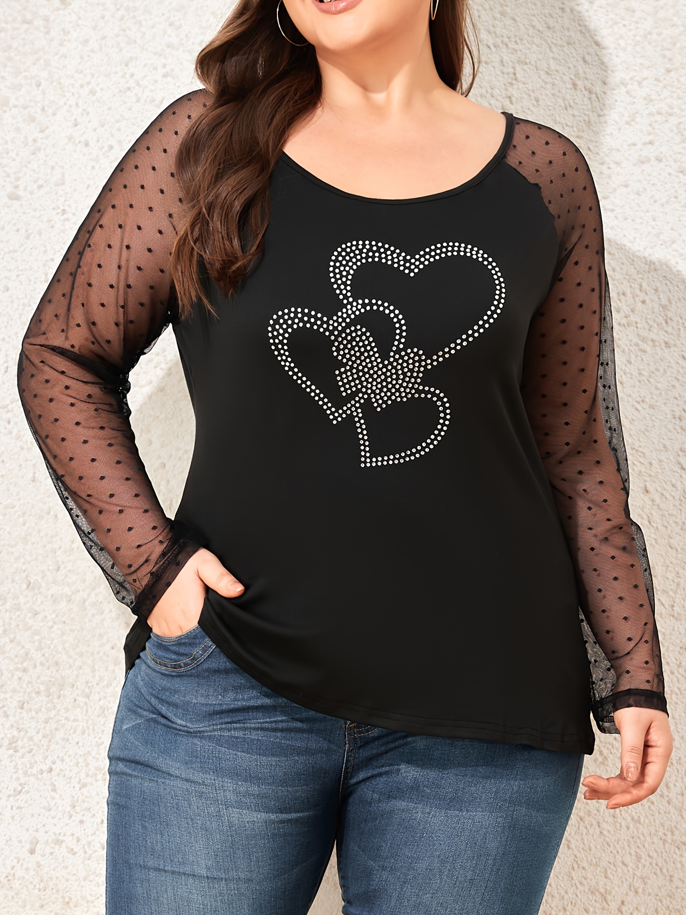 Rhinestone mesh crew-neck top Black