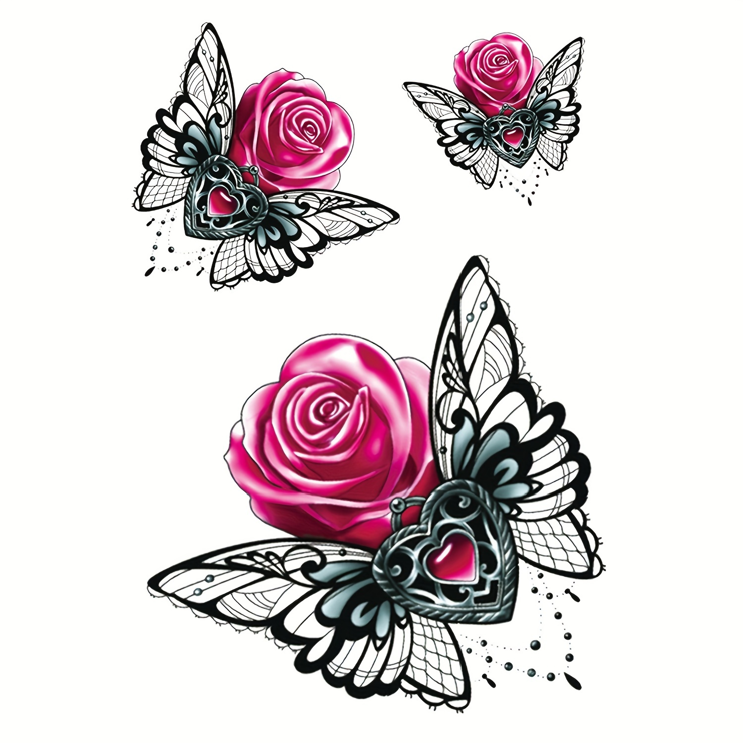 

1 Sheet 3 Pattern Waterproof Half Arm Temporary Tattoo Sticker - Butterfly, Rose, And Heart Designs For Women And Ladies - Long-lasting And Hypoallergenic Fake Tattoo Sticker