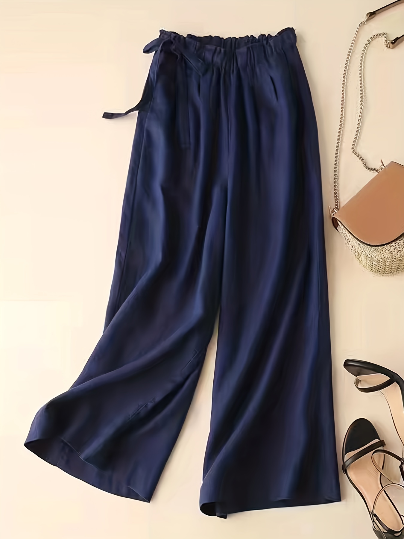 Solid Elastic Waist Pants, Casual Wide Leg Summer Pants