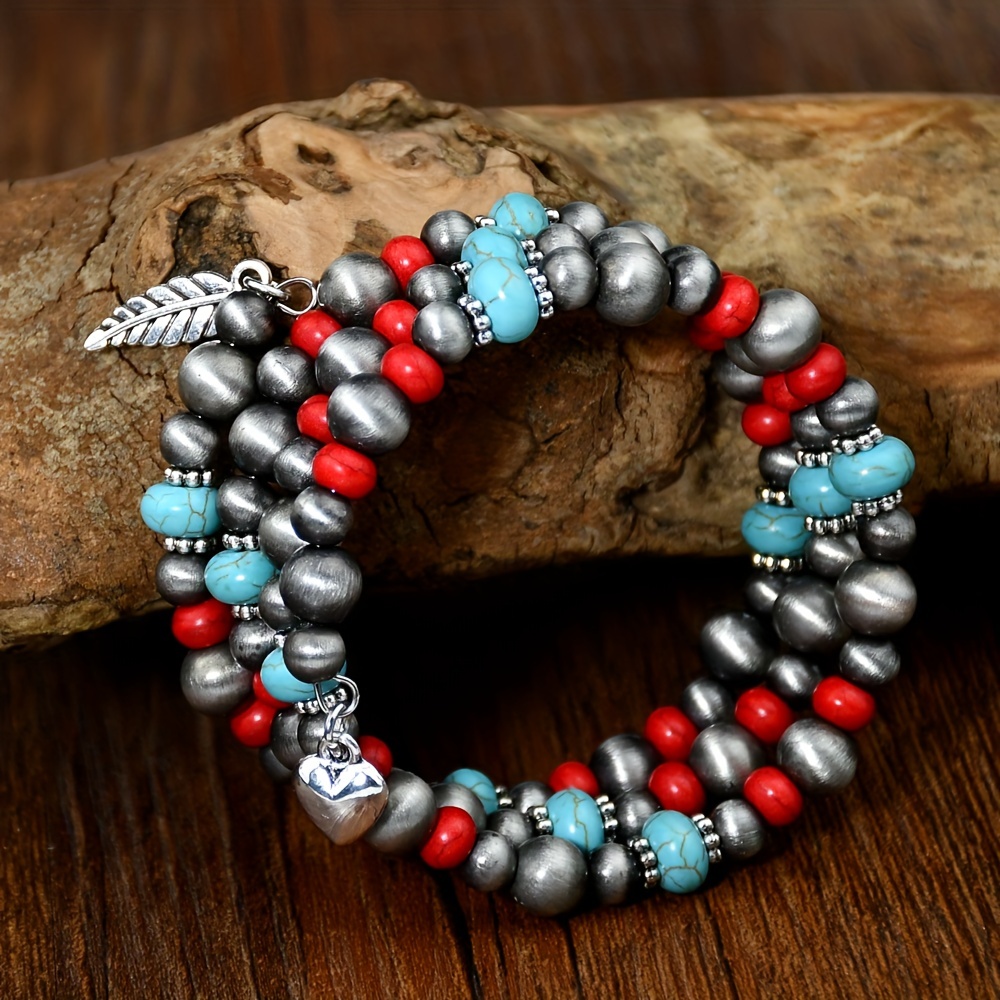 Western Style Vintage Navajo Pearl Red Blue Turquoise Beads Triple Layer Bangle Charms Bracelet for Women,Temu