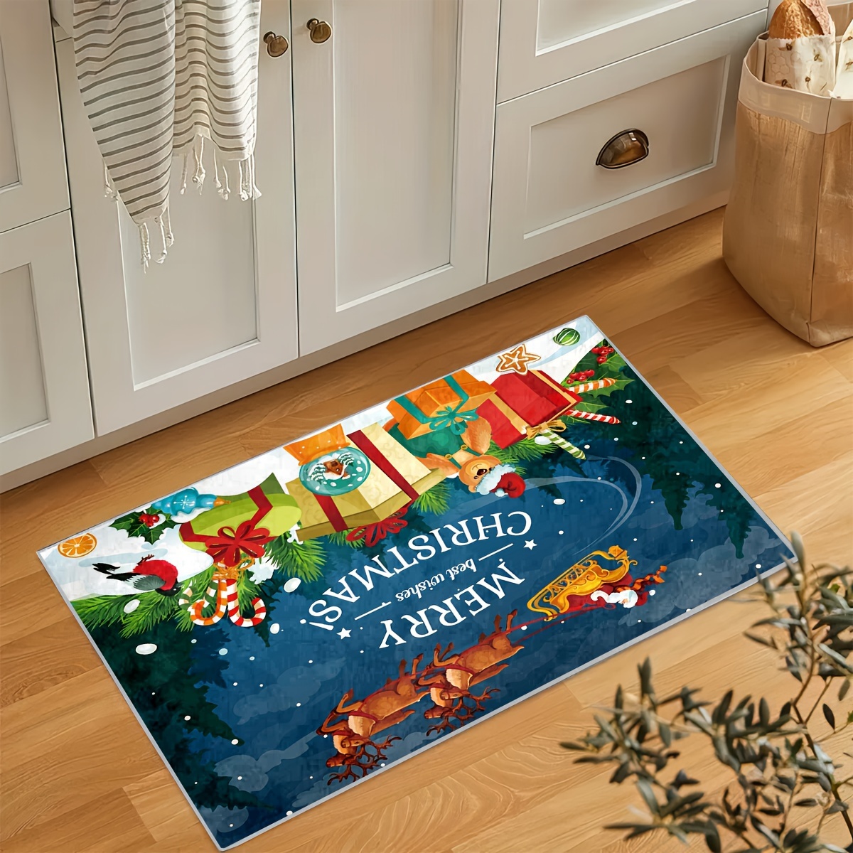 1pc Christmas Themed Floor Mat For Home Use, Cartoon Long Kitchen