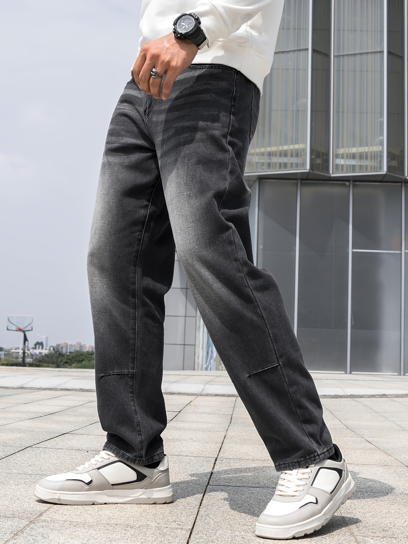 Loose Fit Wide Leg Jeans, Men's Casual Street Style Denim Pants