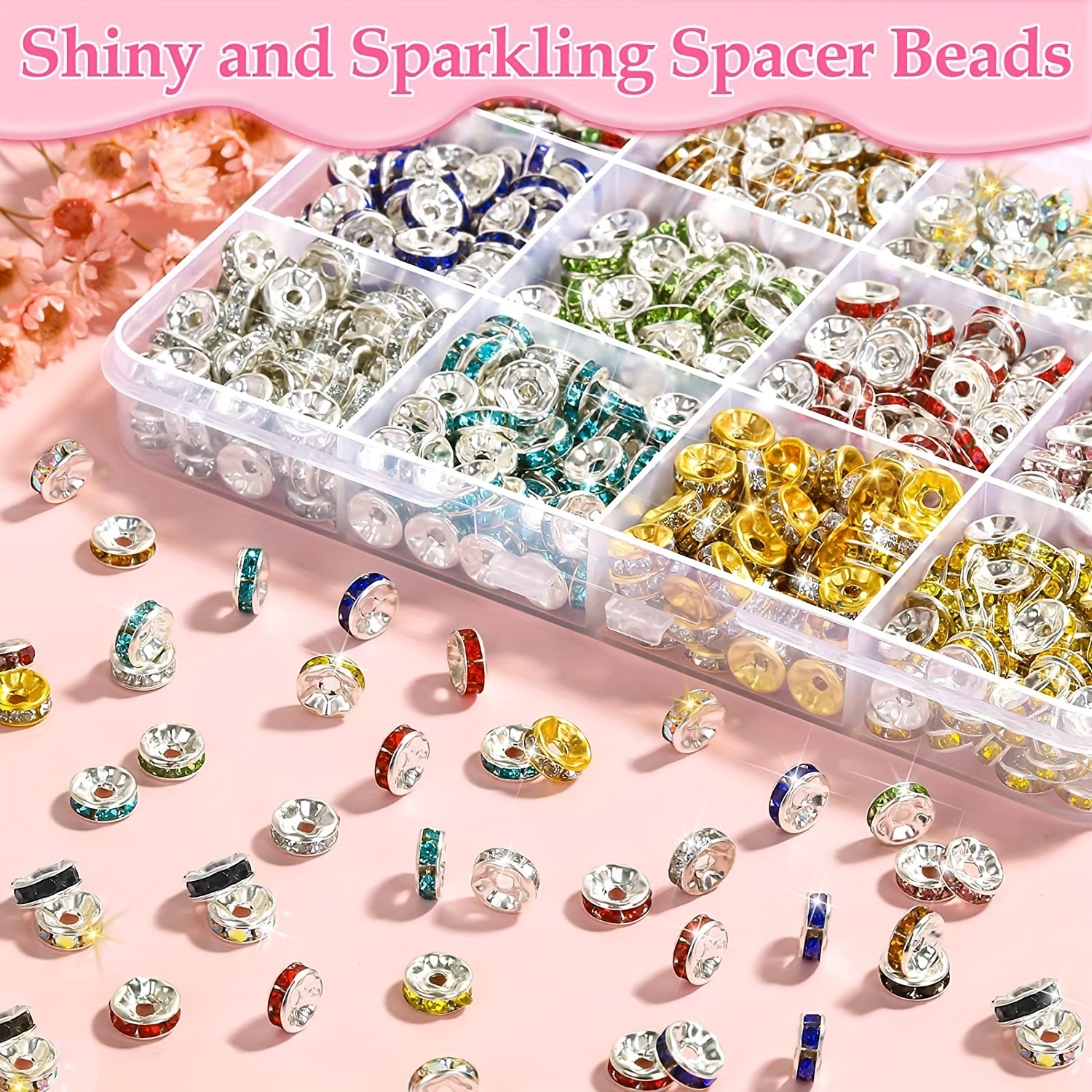 1 Set Spacer Beads for Jewelry Making, 8mm Rhinestone Spacer Beads Crystal  Bead Spacers for Bracelets, Focal Beads for Pen, 15 Colors