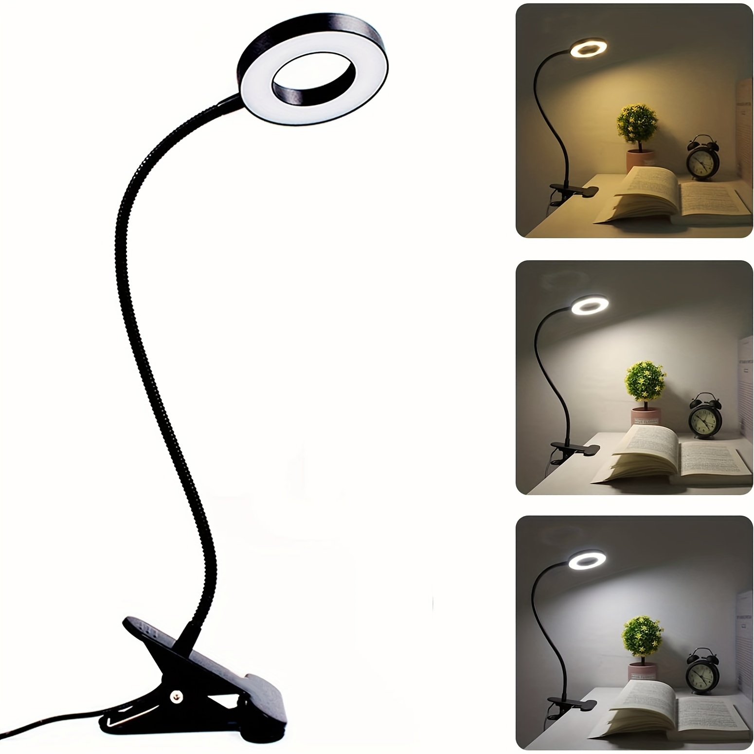 Vansuny Lámpara de escritorio LED con clip con luz LED que cuida los ojos y  clip de metal, 11 niveles de brillo, 3 modos de color, alimentación por