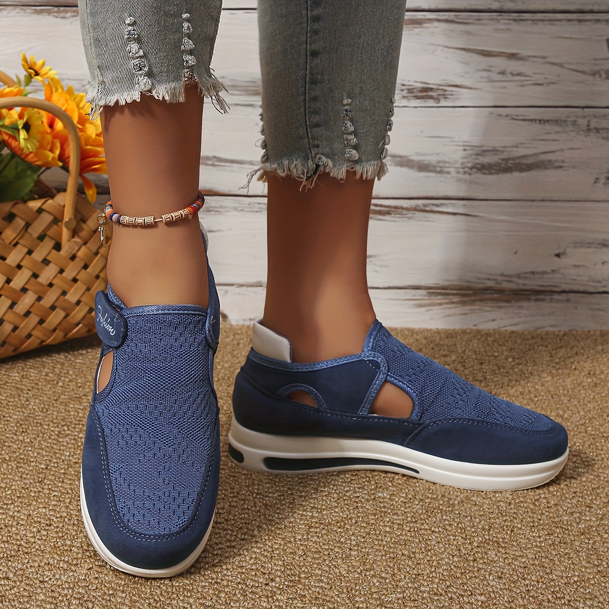 Women's Knit Platform Sneakers Hook & Loop Shoes Cutout Comfortable Outdoor
