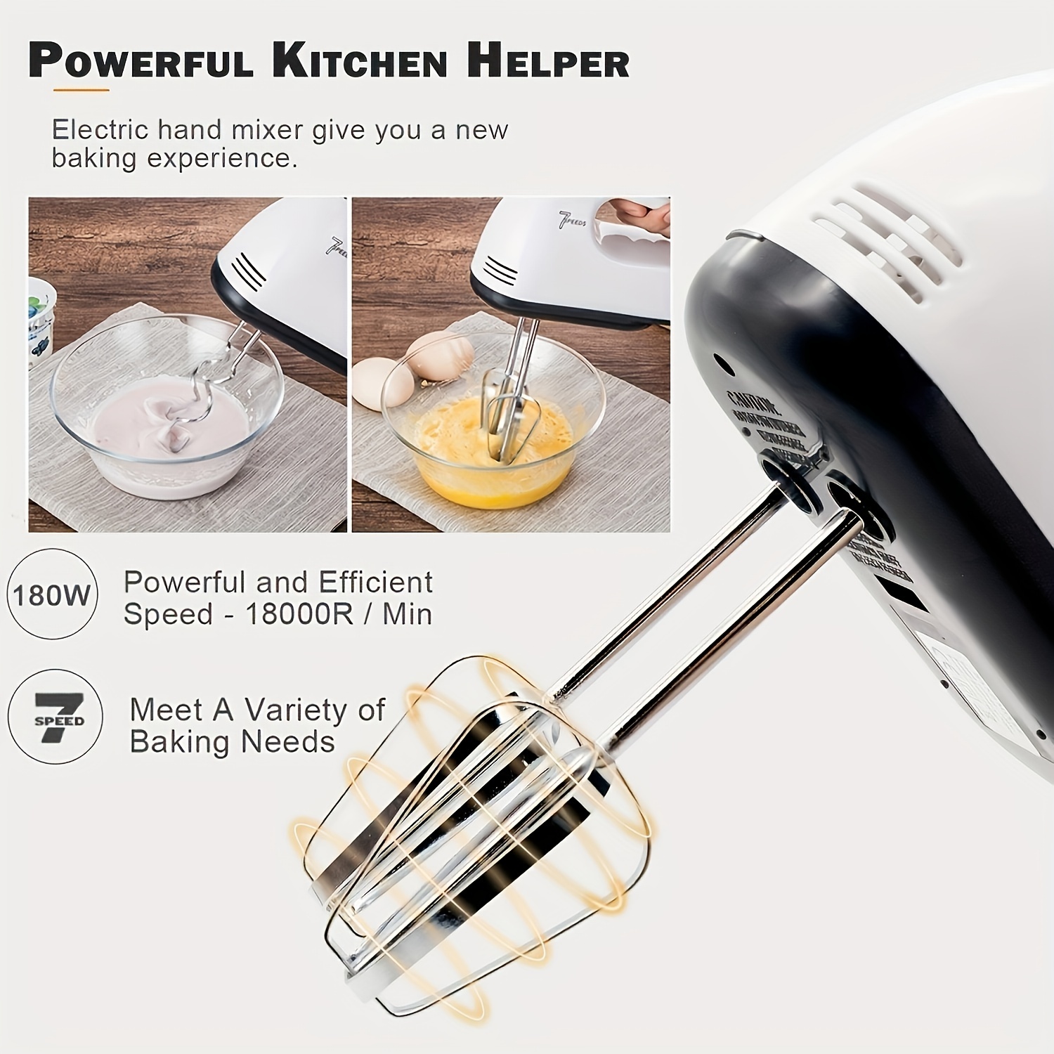 Electric Handheld Whisk 7 Speed Hand Mixer Egg Beater Kitchen Cream Cake  Blender