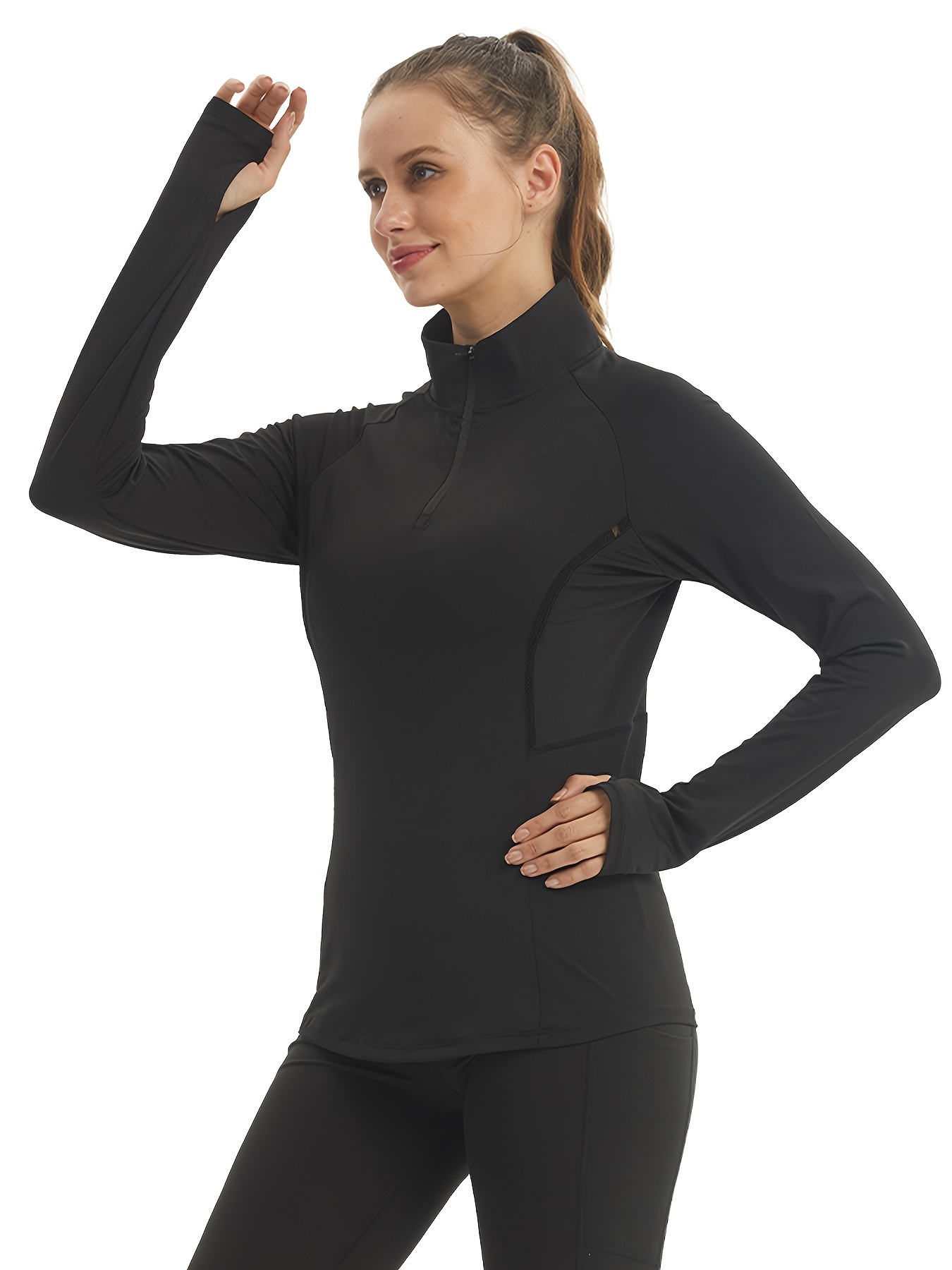  Running Shirts Women Long Sleeve Mock Neck Workout Yoga Tops  Fitted Athletic Tees with Thumb Holes(Black,XS) : Clothing, Shoes & Jewelry