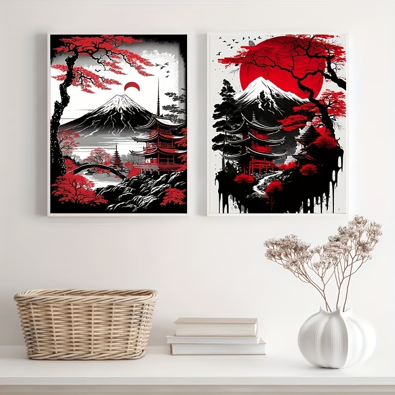 Japanese Natural Landscape Wall Art Posters Black Red Temu